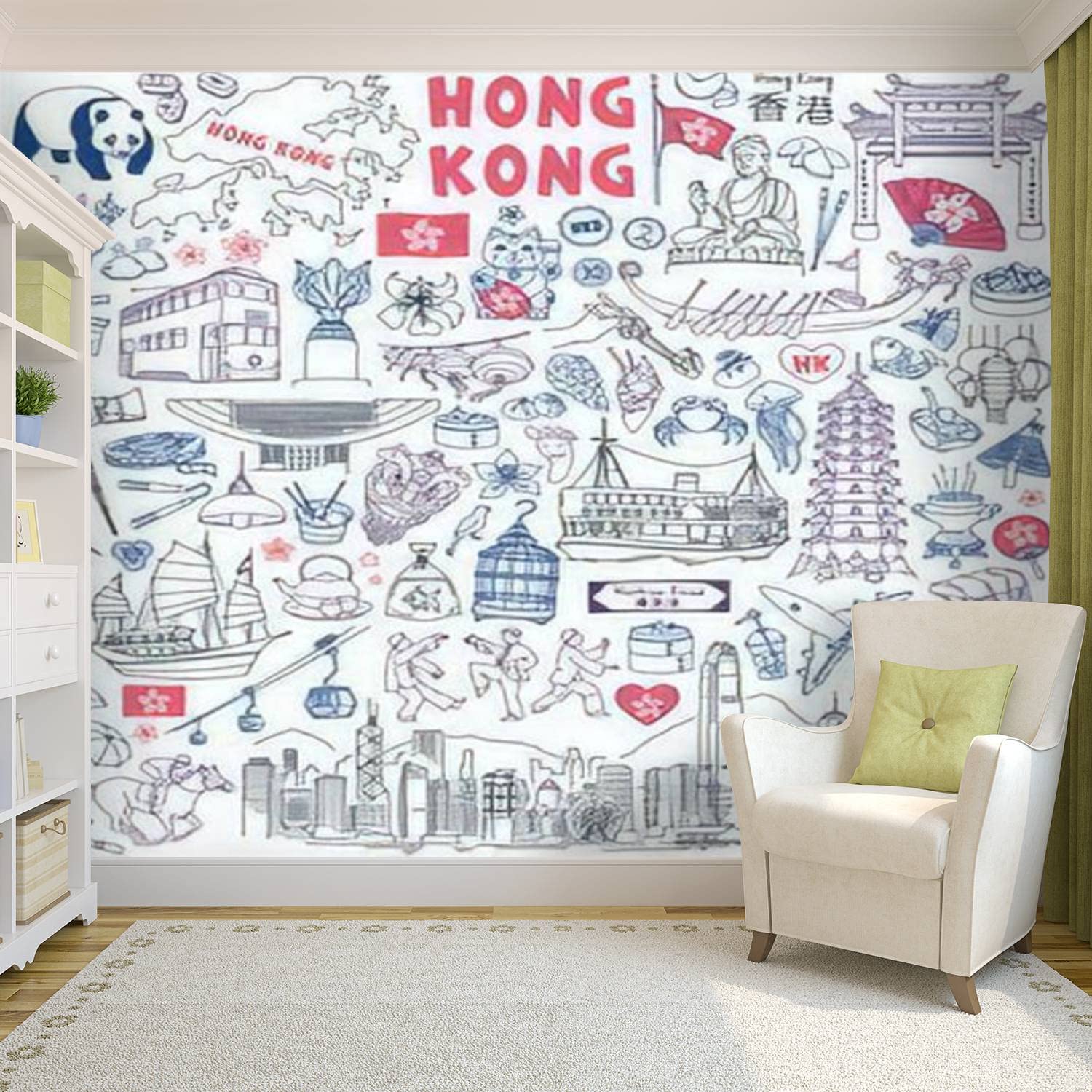 Peel & Stick Self-Adhesive PVC Wallpaper - Hong Kong Skyline Doodle Set with Hand-Drawn Food Landmarks, Removable Wall Mural Decal for Living Room & Bedroom Decor | Perfect for Home, Office, and Dorm Room Wall Stickers