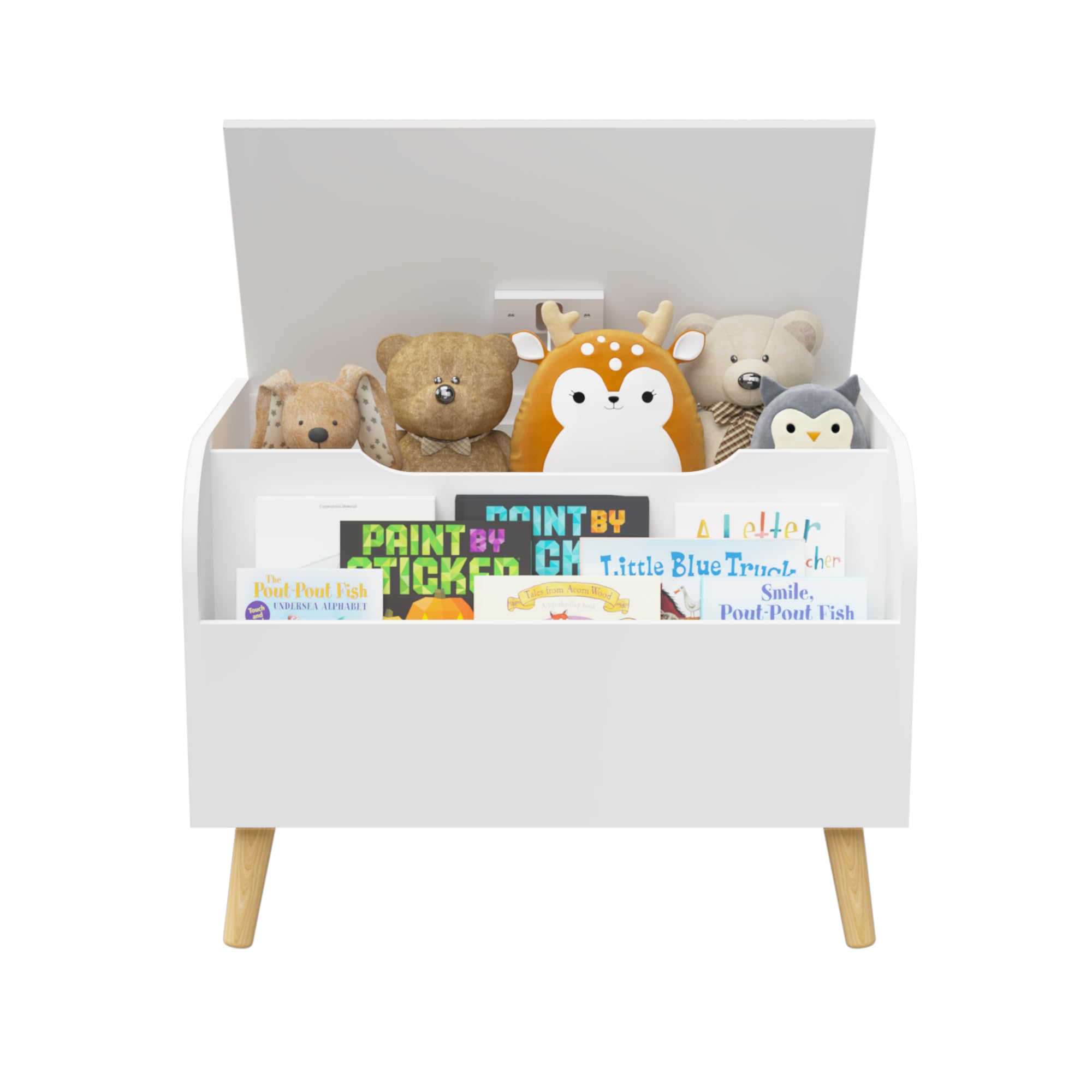 Wooden Toy Chest for Kids - Toy Storage Organizer with Front Bookshelf, Flip-Top Lid & Safety Hinges - Playroom & Kids Room Organization for Boys & Girls - White Toy Box with 4 Legs - Perfect for Bedroom, Nursery, or Play Area Storage