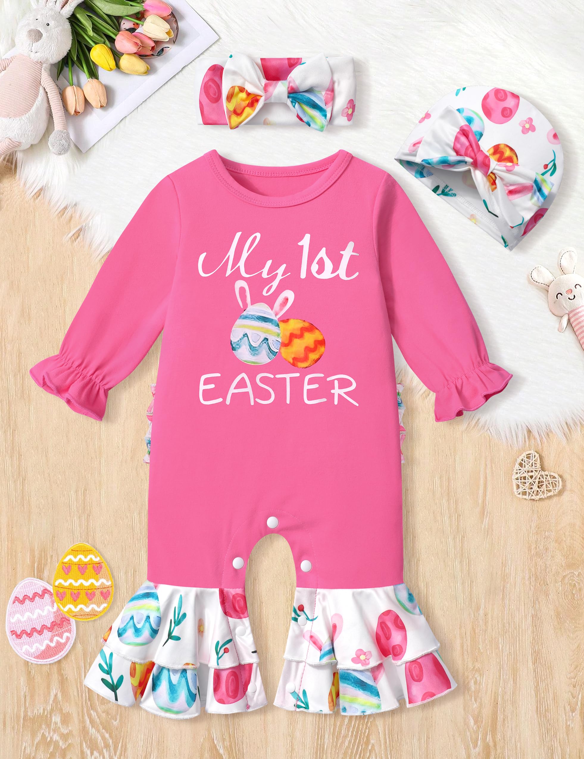 Newborn Girl Clothes - Ruffle Letter Print Romper & Bell Bottom Jumpsuit with Headband Hat | Boho Baby Outfit for Photoshoots, Parties & Everyday Wear