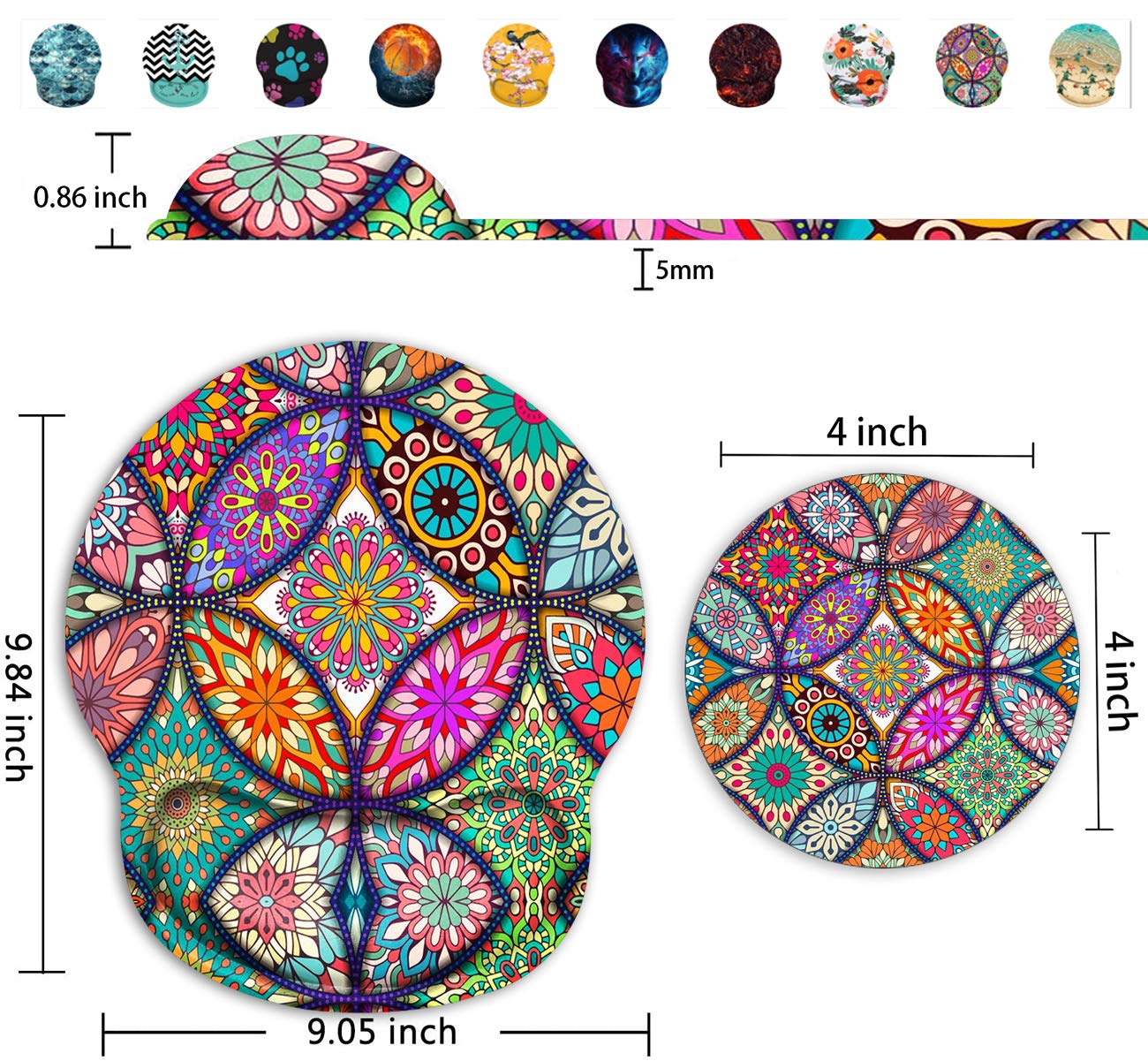 Ergonomic Mouse Pad with Gel Wrist Rest Support - Non-Slip PU Base for Pain Relief - Round Mandala Design Computer Mouse Mat for Office, Gaming & Work - Includes Bonus Mandala Cup Coaster (Perfect for Long Hours of Typing & PC Use)