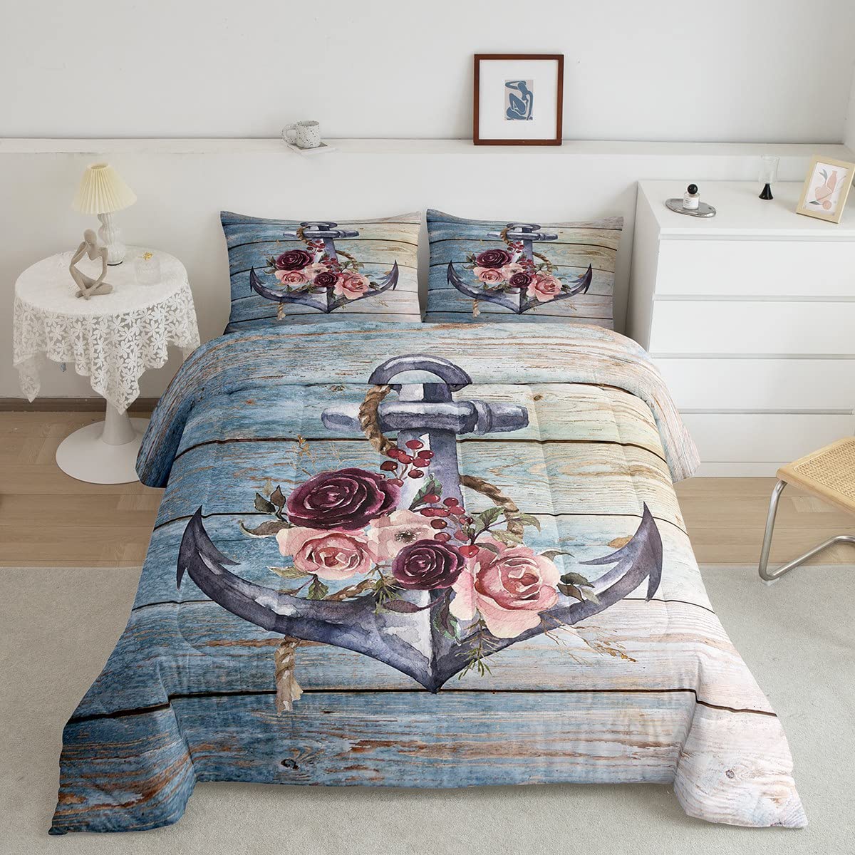 Nautical Anchor Comforter Set Twin Size - Watercolor Floral Quilt Bedding for Kids & Boys Room, Ocean Farmhouse Retro Style Polyester Comforter with 1 Pillowcase (2Pcs) - Perfect for Coastal Themed Bedrooms, Guest Rooms & Dorm Decor