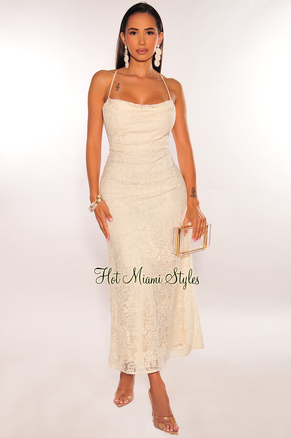 Ivory Floral Lace Spaghetti Strap Criss Cross Back Dress - Elegant Summer Wedding Guest Dress for Beach Party & Cocktail Events