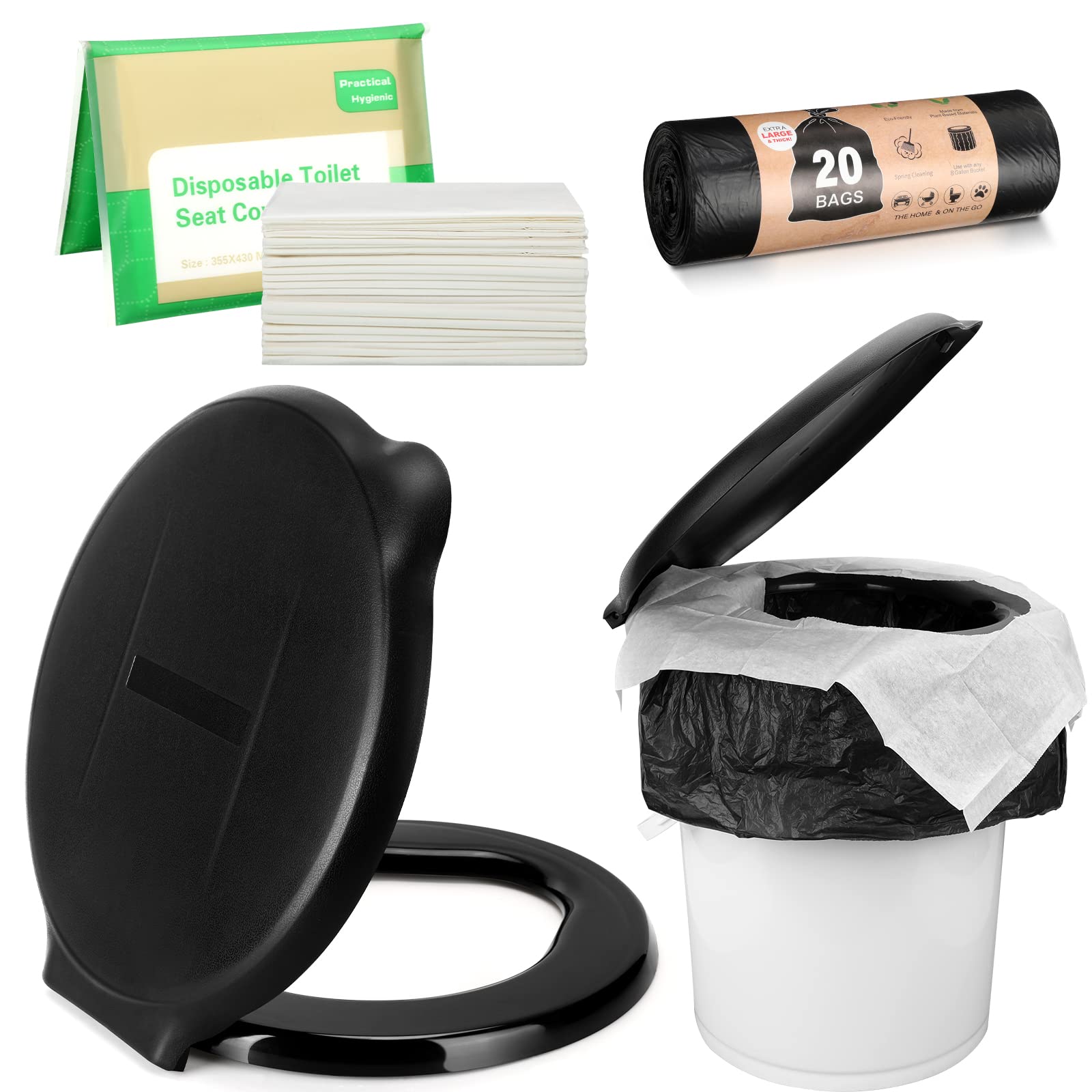 Glenmal 5 Gallon Bucket Toilet Seat with Lid - Portable Camping Toilet Kit Includes Disposable Liners & Paper Covers - Emergency Sanitation Solution for Camping, Hiking, Road Trips & Outdoor Adventures