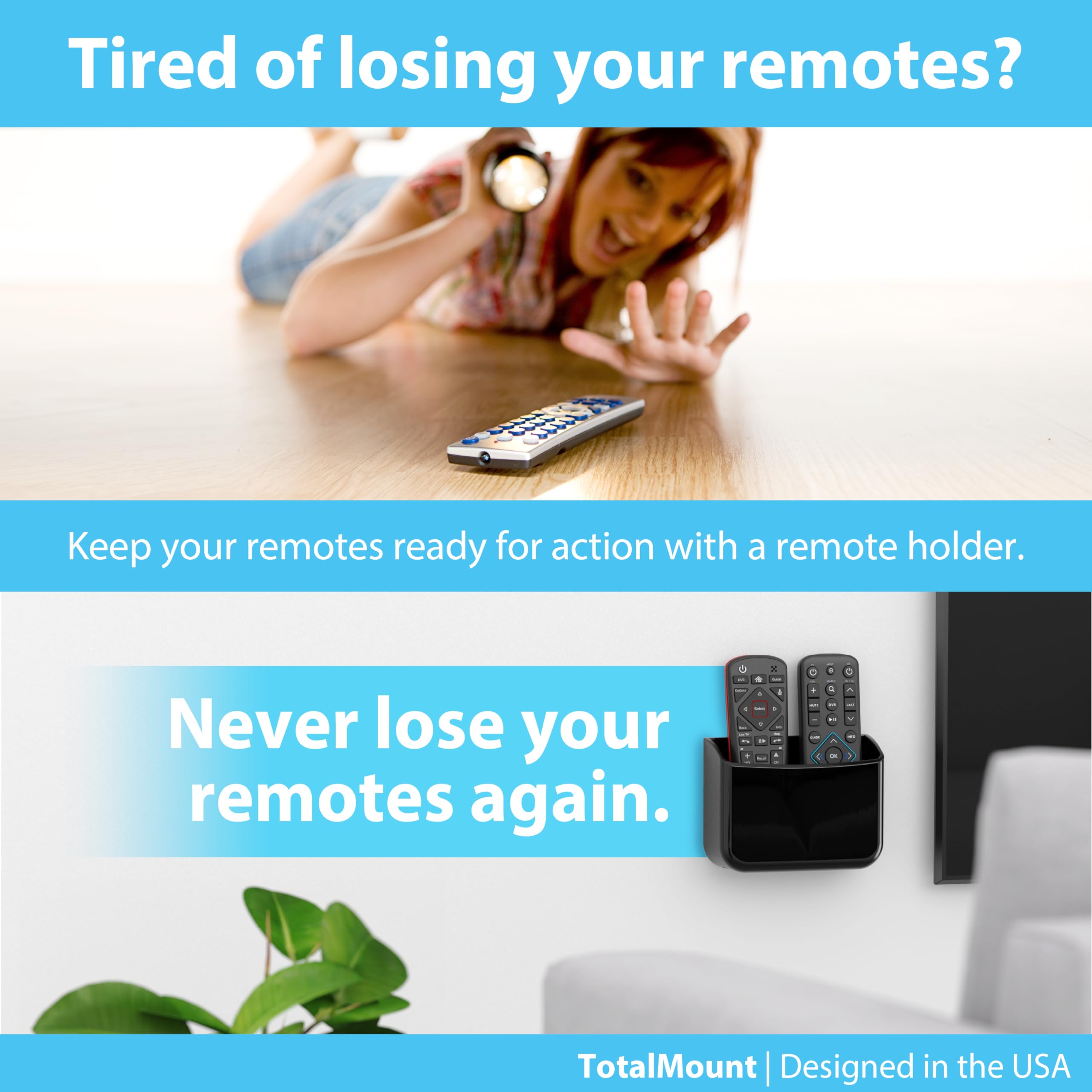 TotalMount Universal TV Remote Control Holder - Wall or TV Mount for All Remotes | Premium Black (2-Pack) | Perfect for Living Room, Bedroom & Home Theater Organization