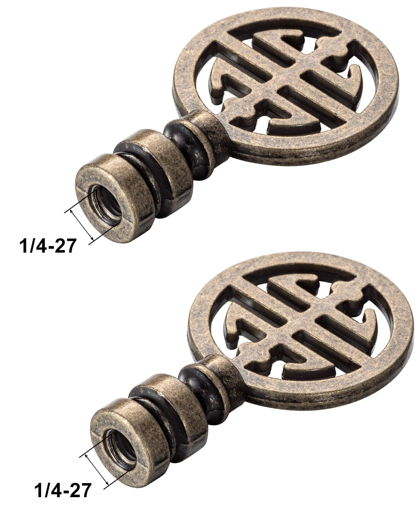 Antique Brass Oriental Lamp Finial - Solid Metal Screw Cap Knob for Lamp Shade Top - Decorative Accent for Table & Floor Lamps - Lucky Happiness Symbol (2-Pack) - Perfect for Home Decor, Living Room Lighting & Feng Shui Arrangements