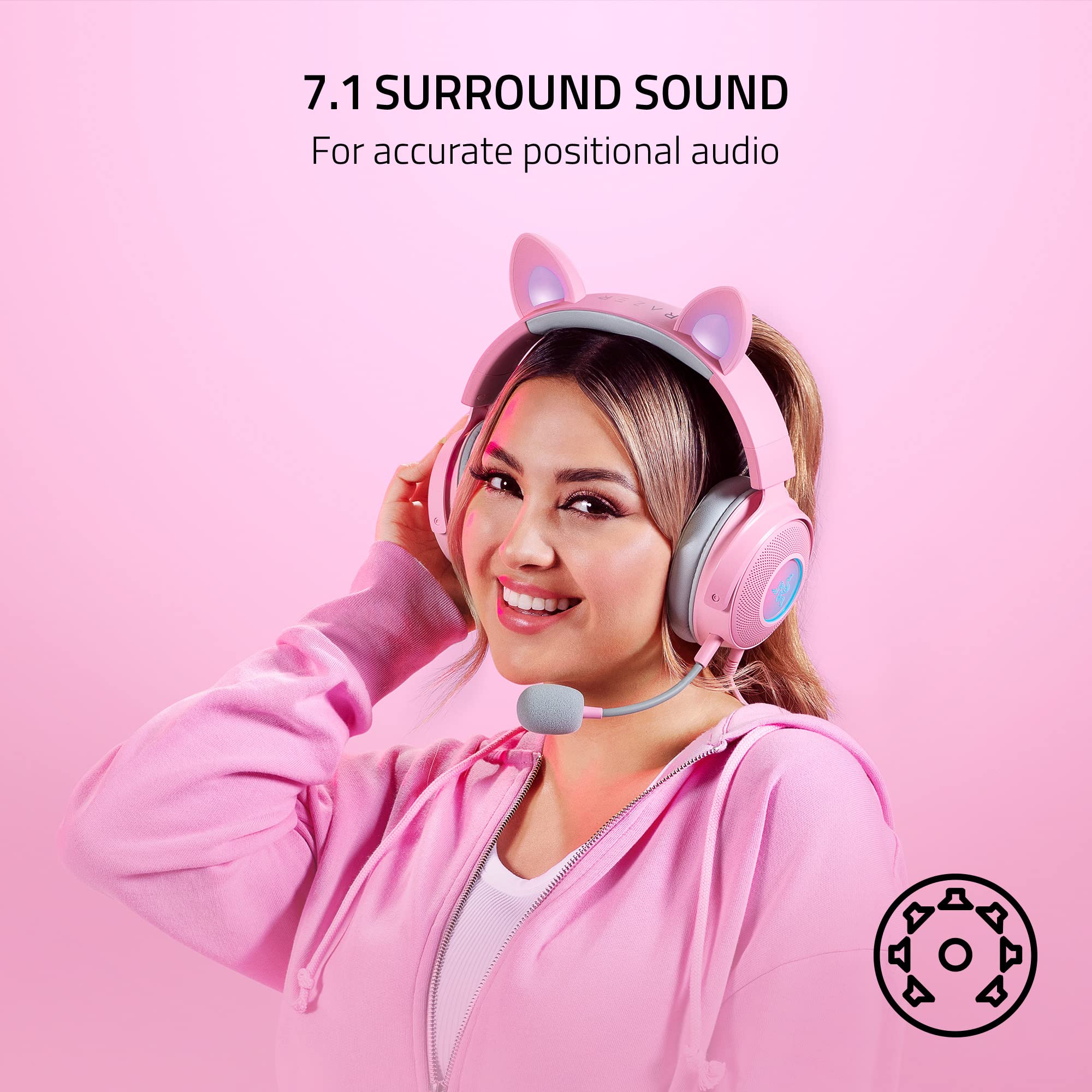 Razer Kraken Kitty V2 Pro Wired RGB Gaming Headset with Interchangeable Ears (Kitty, Bear, Bunny) - Stream Reactive Lighting - Detachable HyperClear Cardioid Mic - 50mm Drivers - 7.1 Surround Sound - Quartz Pink - Perfect for Gaming, Streaming & Virtual Meetings