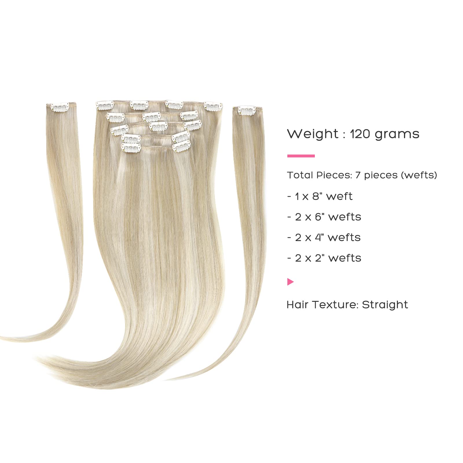 Marat Clip in Human Hair Extensions 22 Inch - Ash Blonde Highlighted Platinum Blonde Straight Hair Weft 120g | Remy Human Hair Extensions for Daily Wear, Parties & Special Occasions