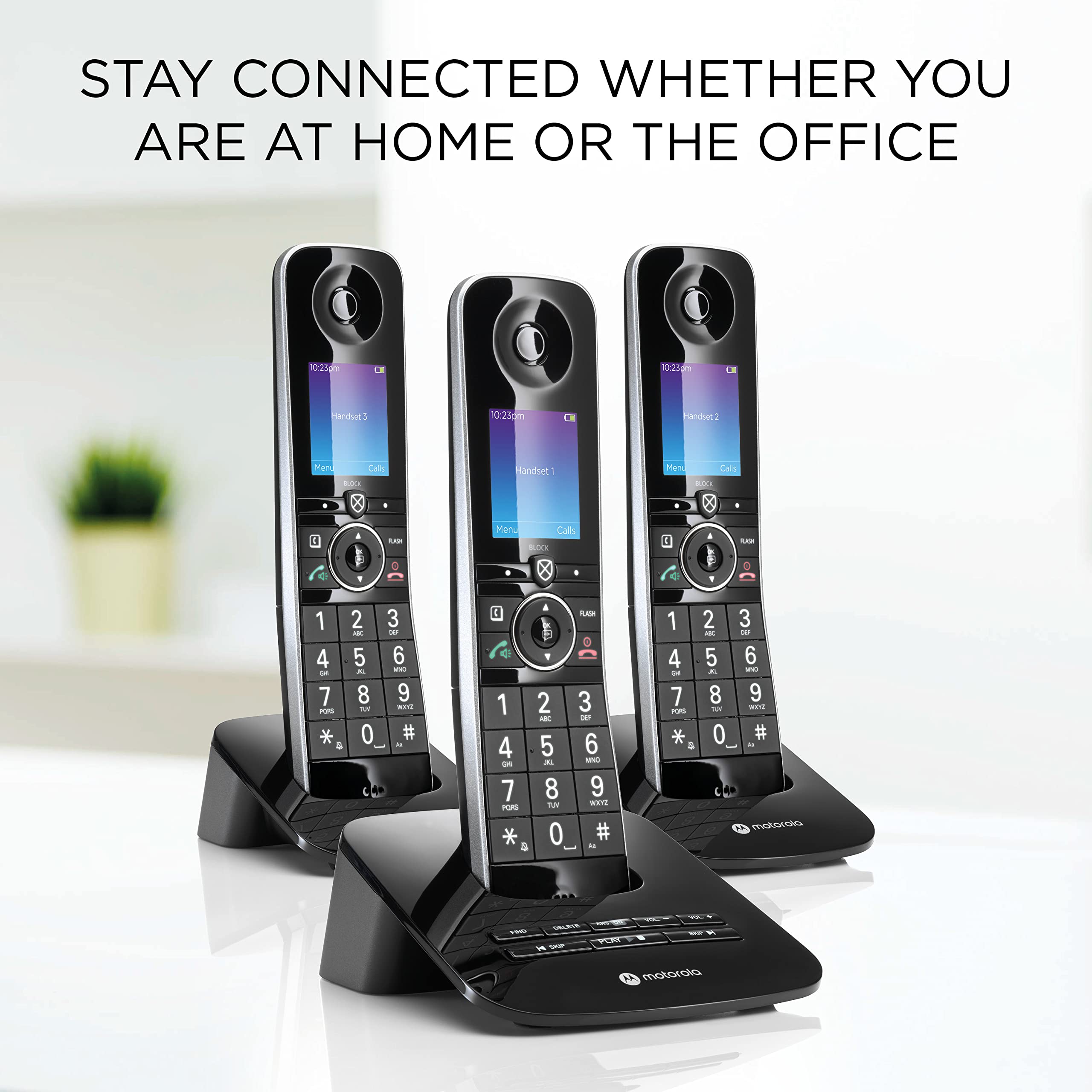 Motorola D8713 Cordless Phone System with 3 Digital Handsets, Bluetooth Connectivity, Caller ID, Call Block & Answering Machine - Black | Ideal for Home & Small Business Office Use