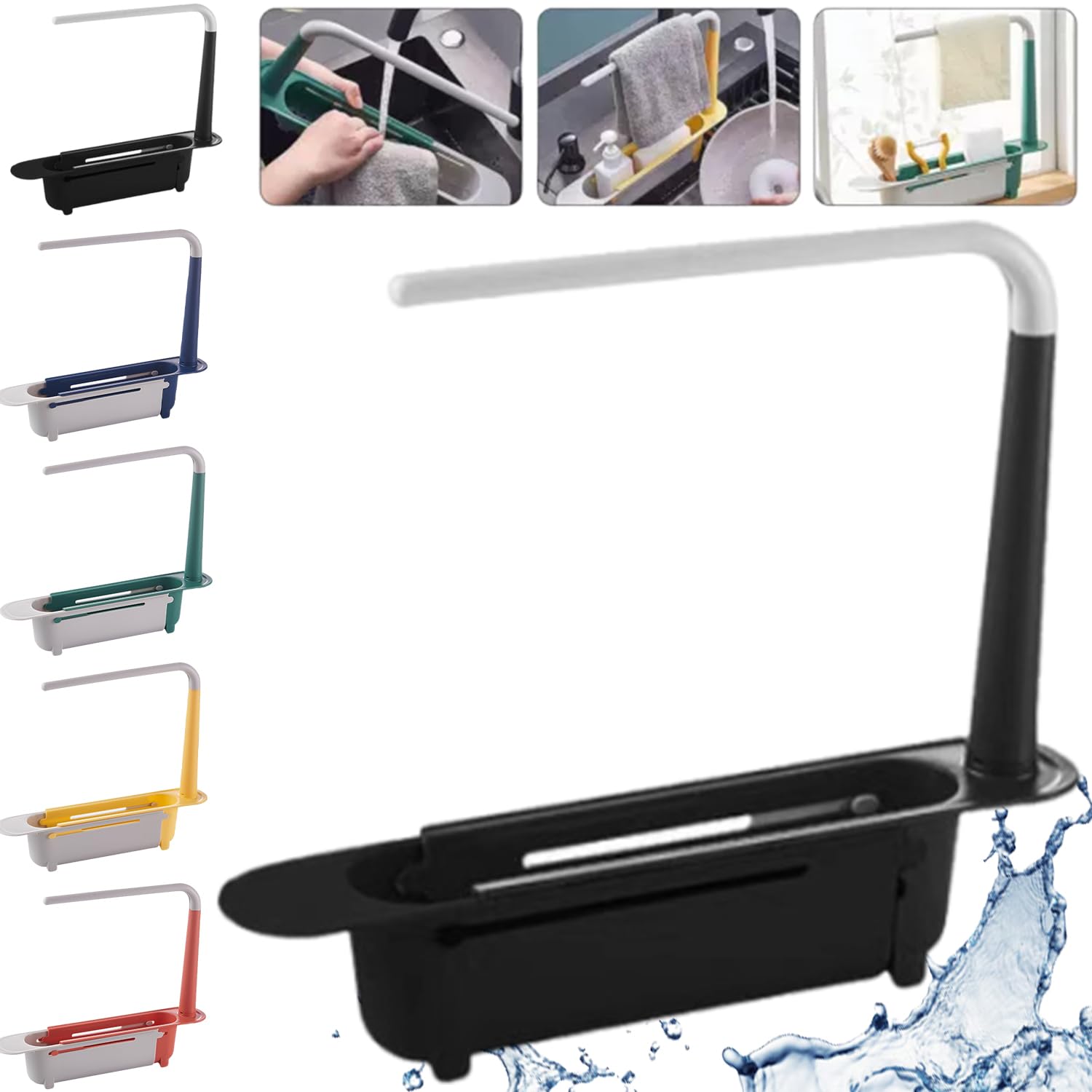 2024 Adjustable Telescopic Sink Storage Rack - 2-in-1 Expandable Kitchen Organizer with Dishcloth Hanger & Sponge Holder | Perfect for Small Spaces, Under Sink Storage & Kitchen Counter Organization (Black)