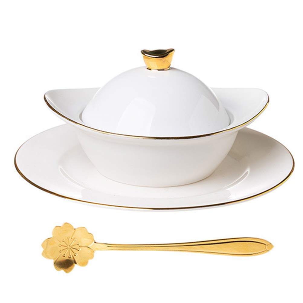 DOITOOL Ceramic Soup Bowl with Lid - 16oz Porridge Bowl with Spoon, Sauce Dish & Steaming Egg Cup - Microwave & Oven Safe for Noodles, Oatmeal, Desserts - Perfect for Home, Kitchen & Restaurant Use