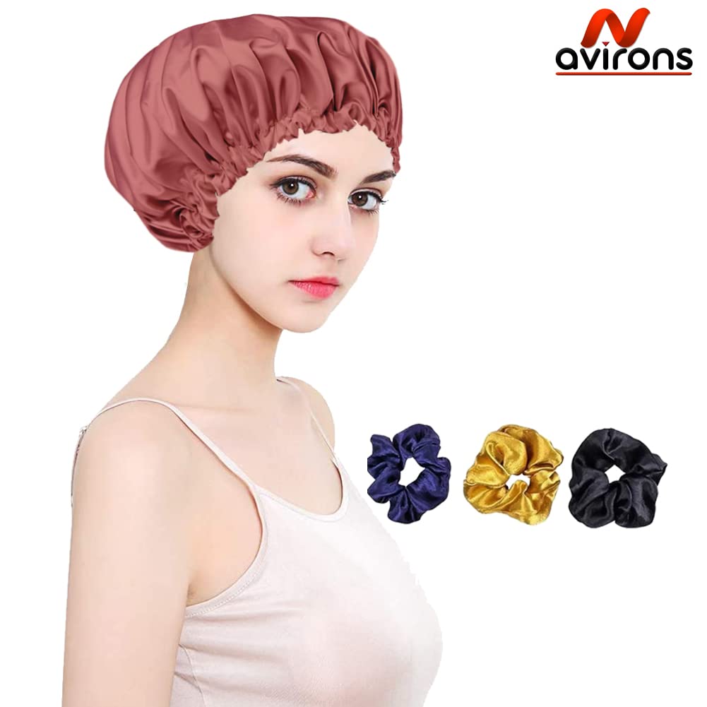 Avirons Adjustable Satin Silk Hair Bonnet for Sleeping - 3 Scrunchies Included | Soft Satin Hair Wrap Cap for Curly & Natural Hair | Pure Satin Hair Protection for Nighttime & Travel Use