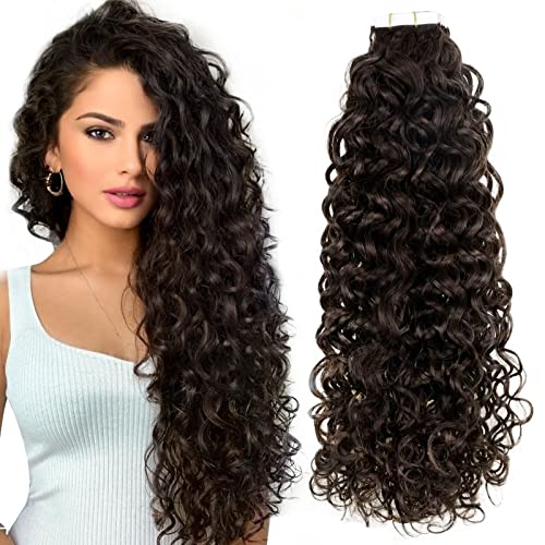 Easyouth Double Sided Curly Tape for Hair Extensions - 20pcs 22Inch 50g Dark Brown Remy Human Hair - Invisible Adhesive for Natural Wavy Hairstyles | Perfect for Weddings, Parties & Daily Styling