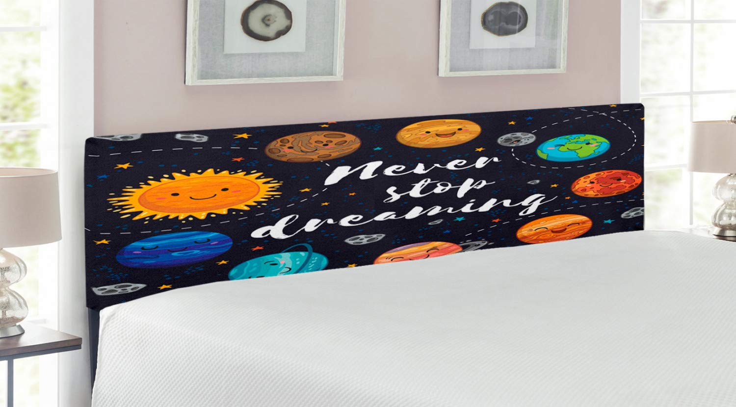 Ambesonne King Size Upholstered Metal Headboard with Memory Foam - Outer Space Planets, Star Cluster, Solar System Moon Comets Sun Cosmos Illustration - Decorative Bed Headboard for Modern Bedroom, Guest Room, Dorm, or Kids Room