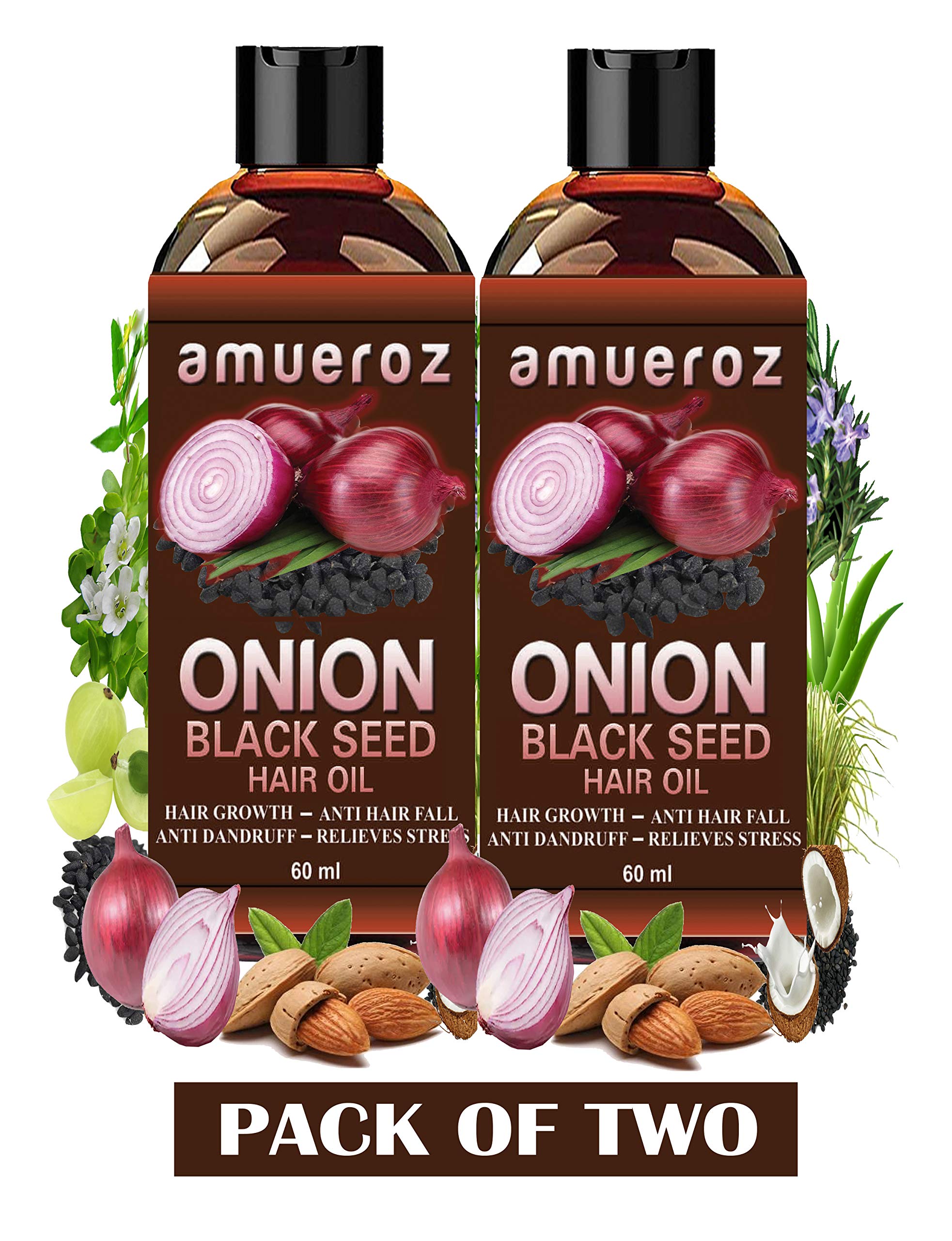 Amueroz Black Seed & Onion Hair Oil for Hair Growth, Anti-Dandruff Treatment – 2 Pack (60ml Each) | Natural Hair Care for Thicker, Healthier Hair at Home & Salon Use