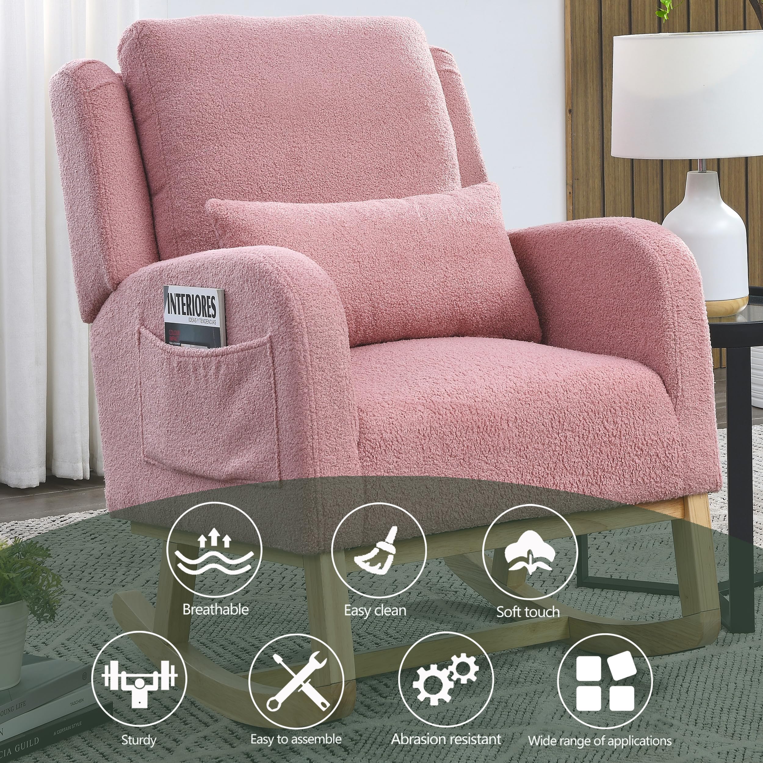 **Comfy Teddy Fabric Nursery Rocking Chair with Pillow & Side Pockets - Wingback Glider Armchair for Nursing, Living Room, Bedroom - Perfect for Relaxing & Breastfeeding (Pink)**