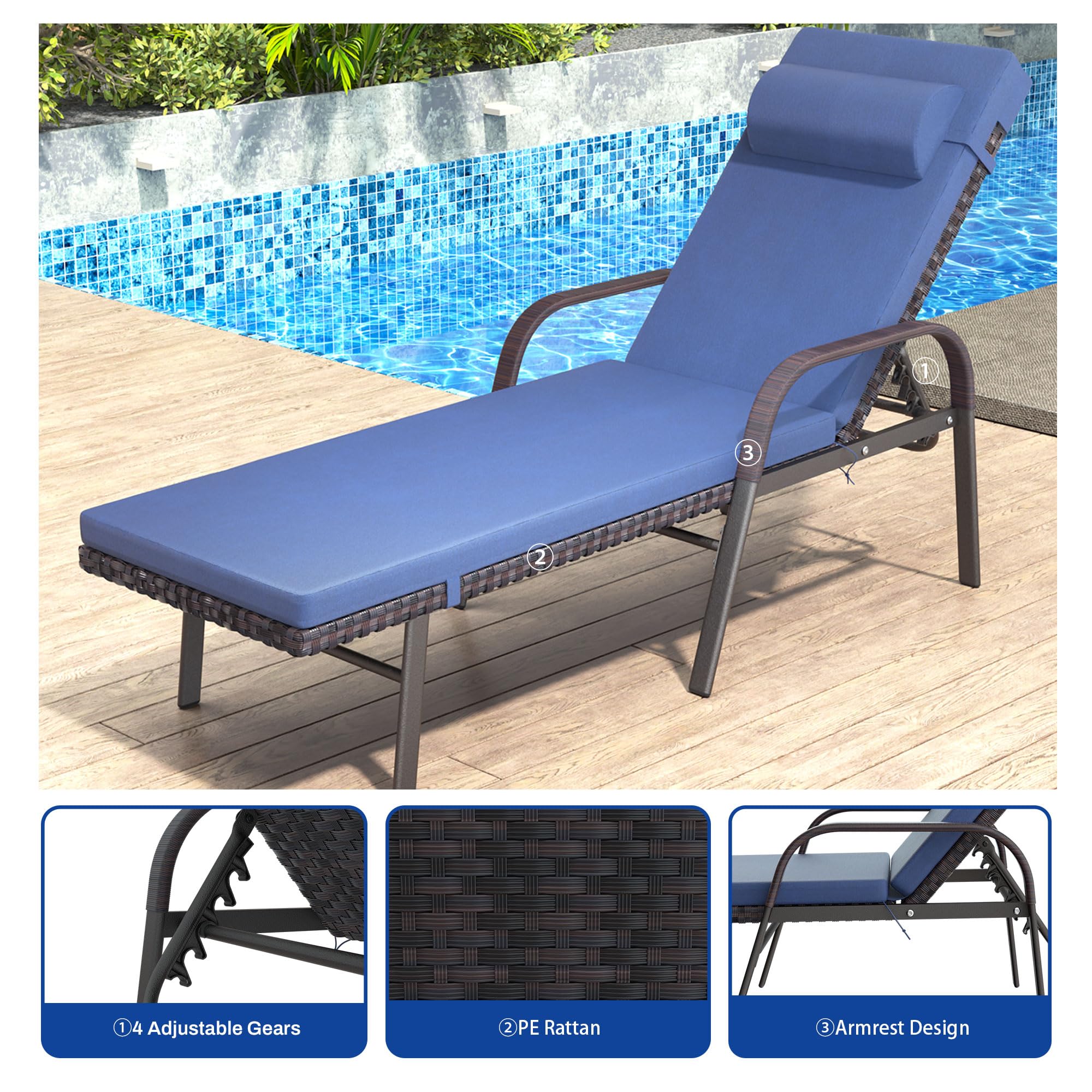 3-Piece Patio Chaise Lounge Set with Cushions - Adjustable Rattan Backrest Outdoor Folding Chairs & Table - Navy Blue Poolside Furniture for Backyard, Porch, Beach and Garden Relaxation