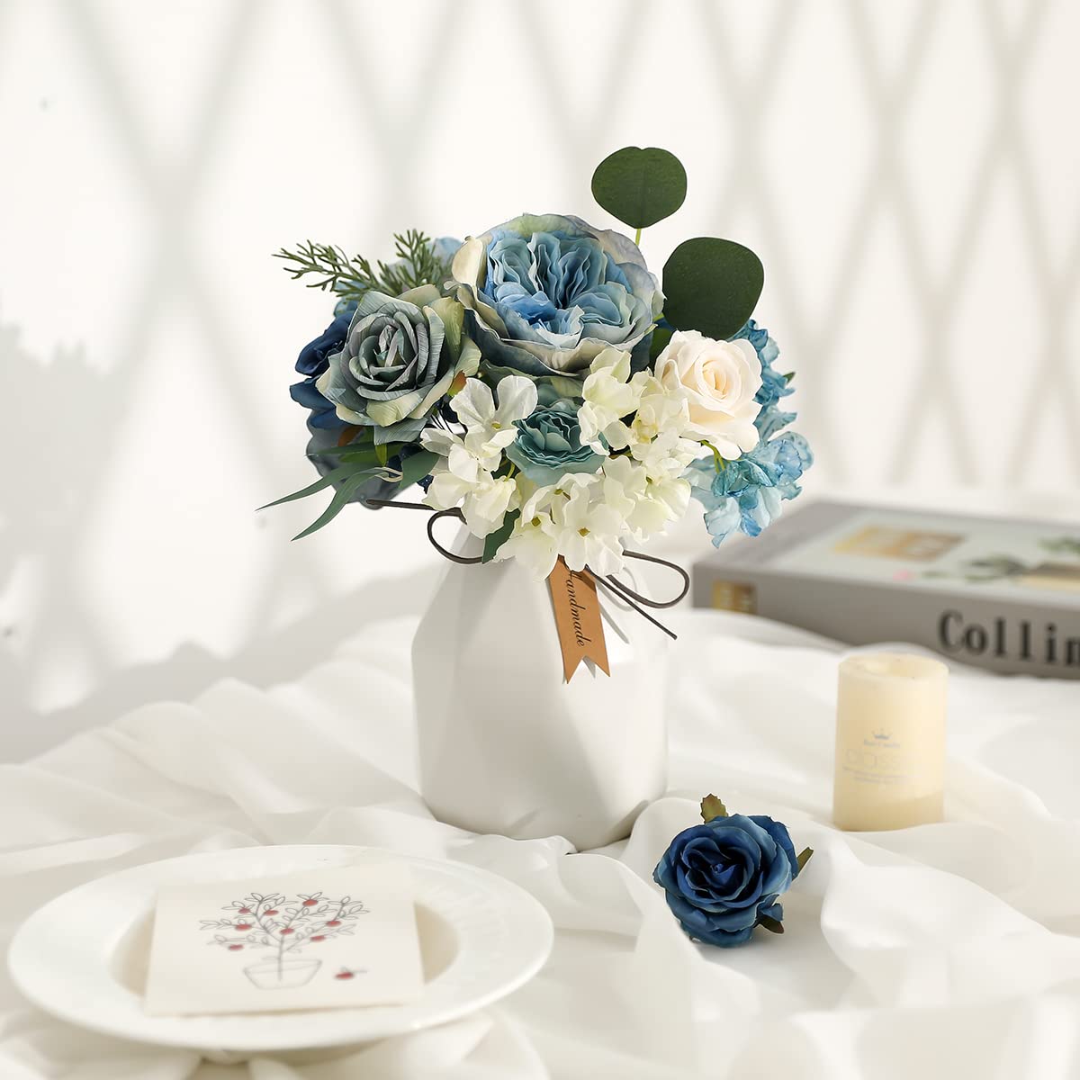 Dusty Blue Artificial Flowers Combo Set - DIY Wedding Bouquet, Bridal Shower Arrangements, Home Decor (White Blue Roses) | Perfect for Wedding Centerpieces, Table Decor & Party Decorations