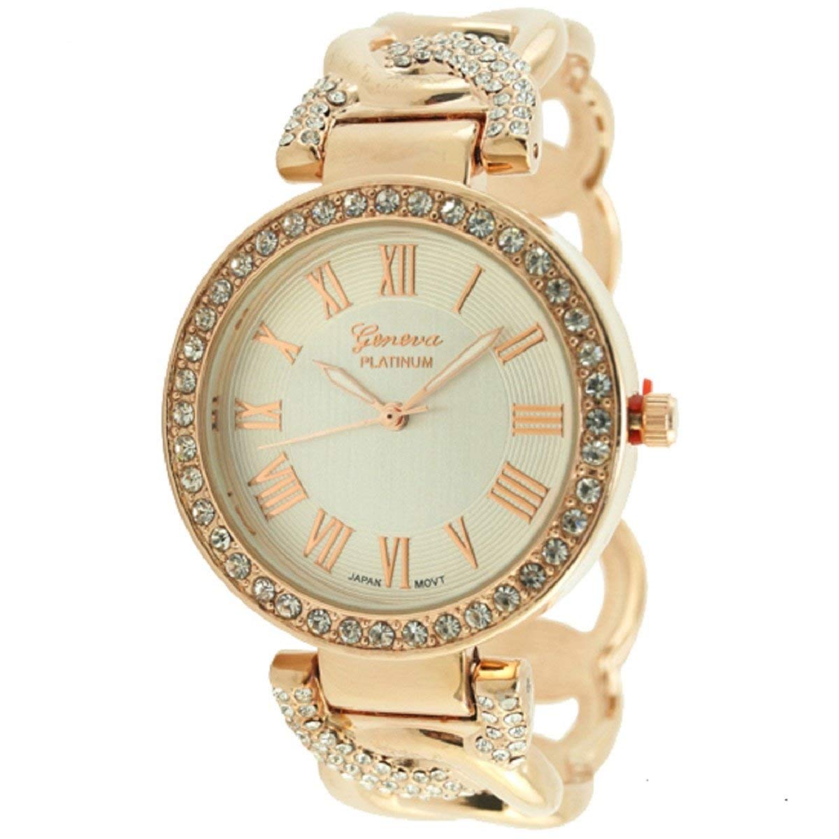 Geneva Platinum Women's Rose Gold Plated CZ Bangle Cuff Watch with Roman Numerals - Elegant Fashion Accessory for Office, Party & Everyday Wear