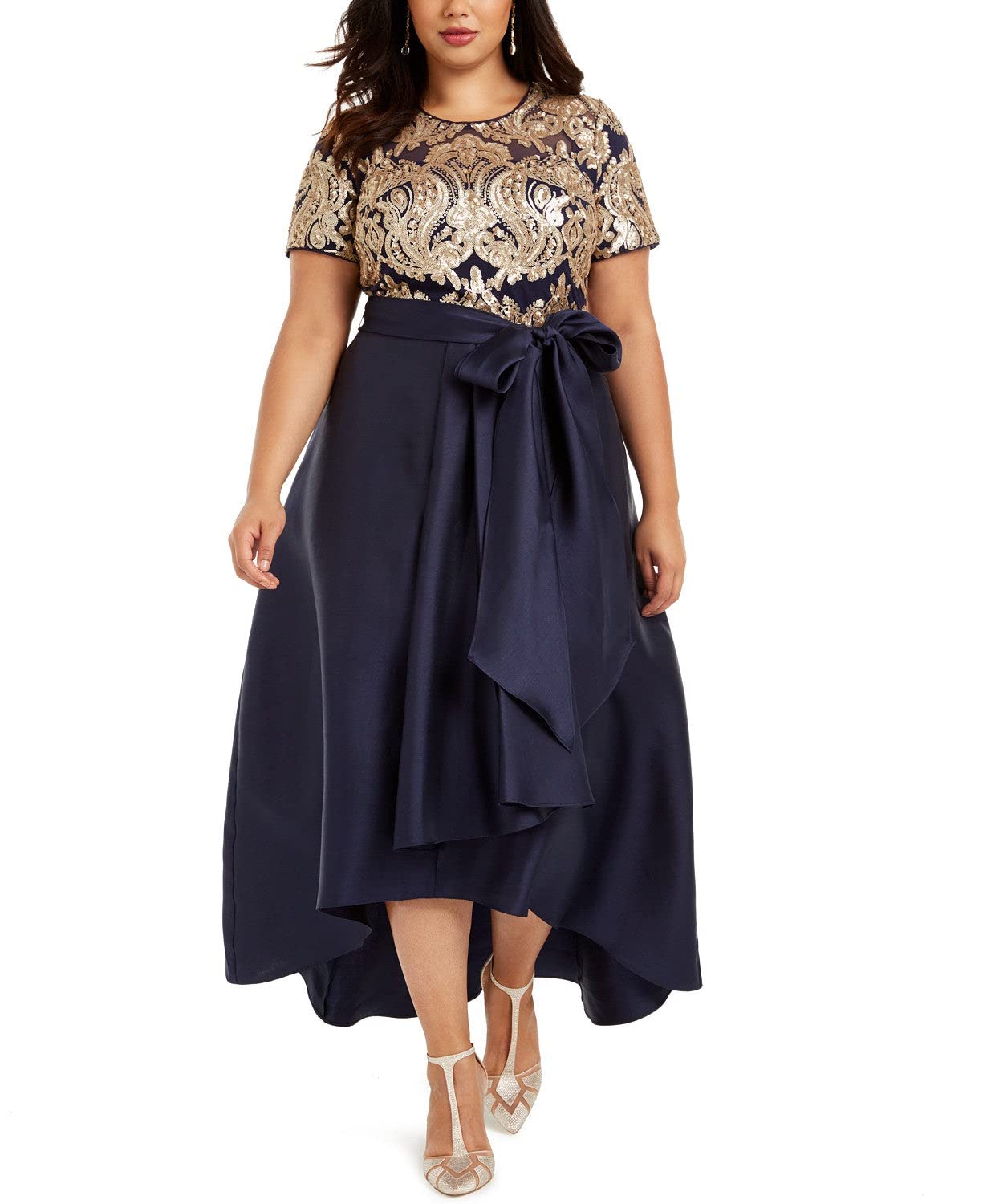 R&M Richards Plus Size Women's Sequin Embellished High-Low Evening Gown - Short Sleeve Formal Dress for Prom, Wedding Guest & Special Occasions