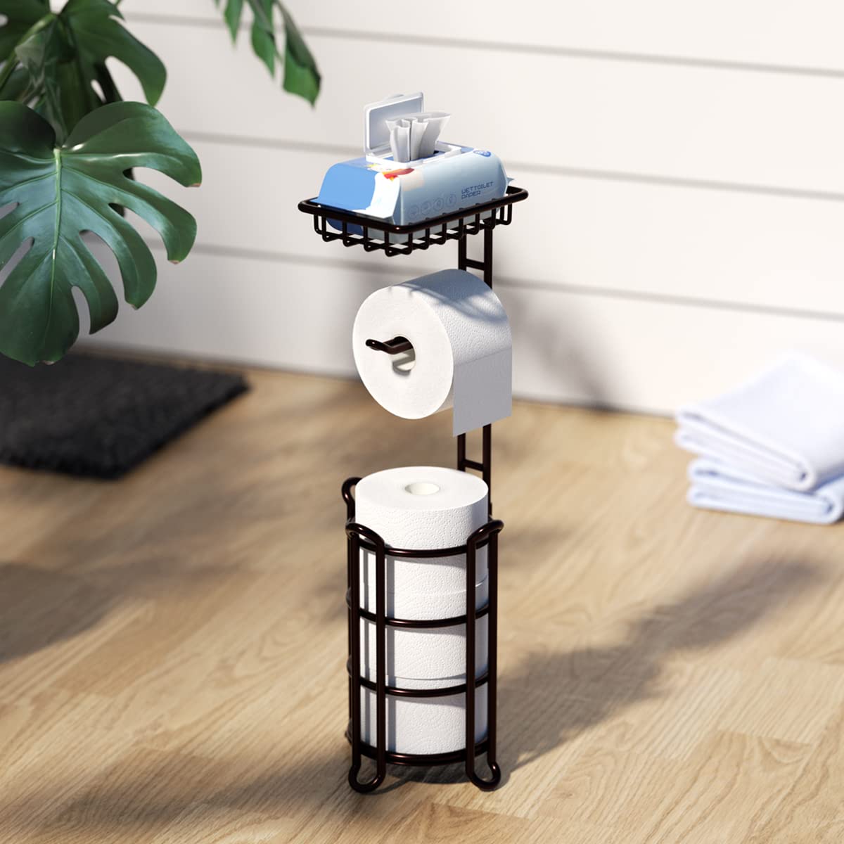 Bronze Toilet Paper Holder Stand with Shelf - Bathroom Tissue Roll Dispenser for Mega Rolls - Perfect for Bathroom Storage & Organization
