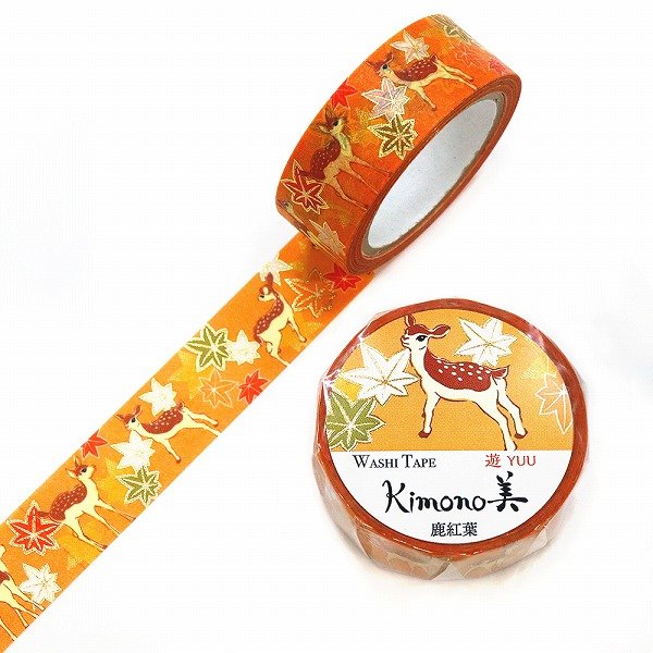 Kamiiso Kimono Washi Tape - Japanese Deer & Maple Leaf Pattern Masking Tape for Scrapbooking, Journaling & Gift Wrapping