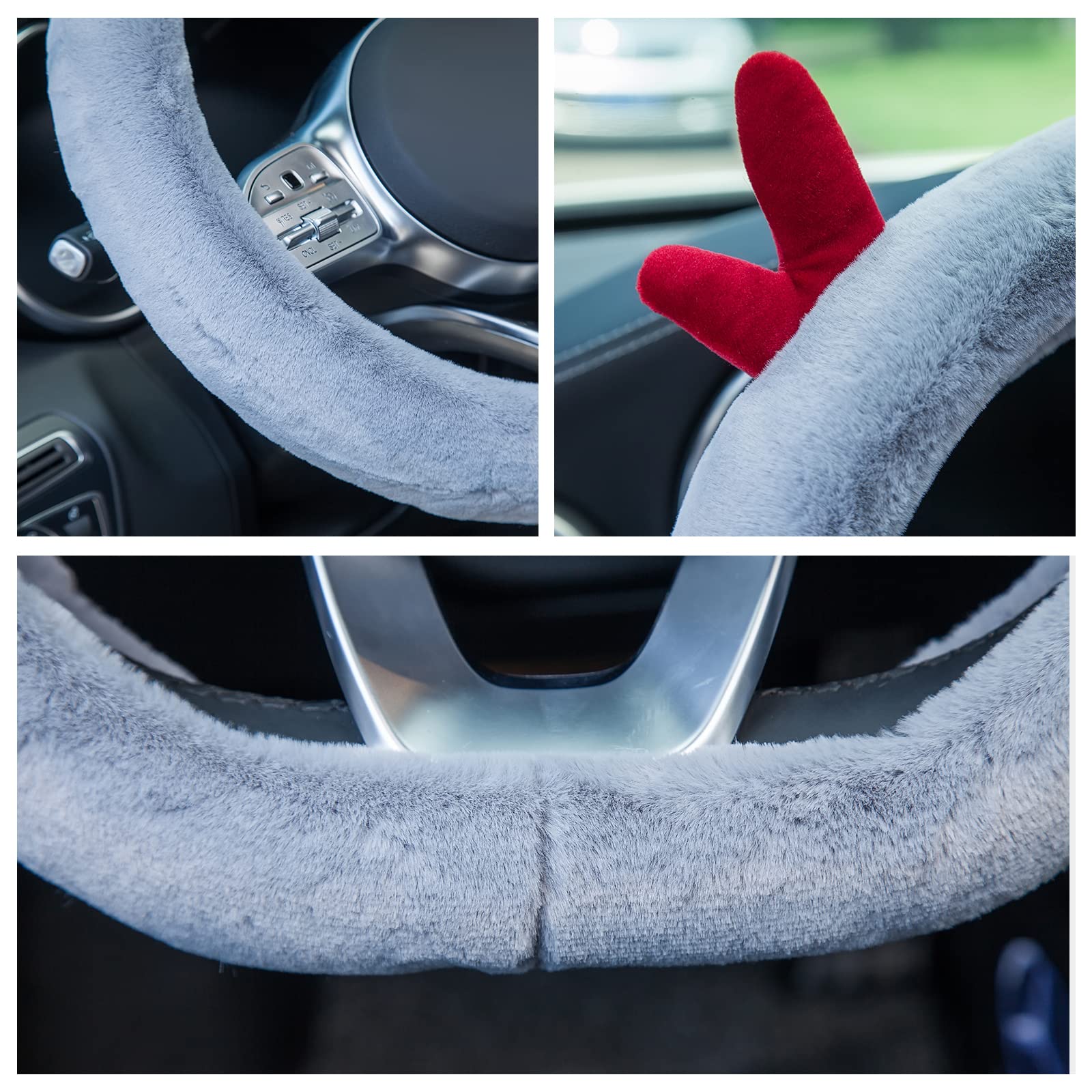 Ergocar D-Shaped Plush Steering Wheel Cover - Anti-Slip Winter Warm Protector, Cute Cartoon Design for Girls, 38cm (15