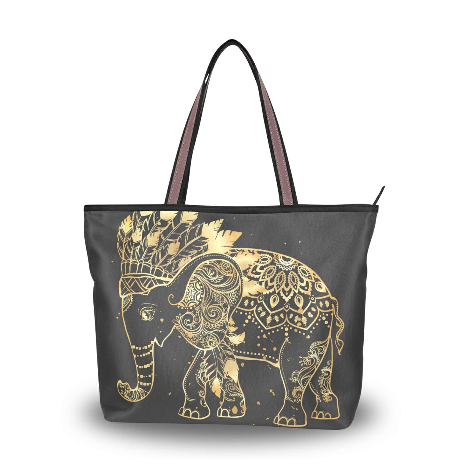 Stylish Tribal Elephant Print Tote Bag for Women - Large Capacity Zipper Grocery Bag, Durable Shopping Purse for Daily Use (2 Size Options) - Perfect for Grocery Shopping, Beach Trips & Work Commute