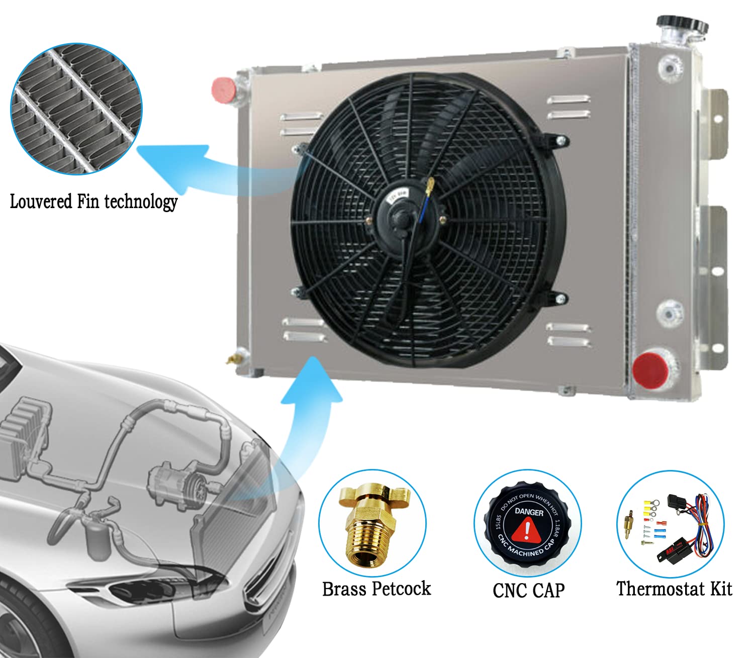 4 Row Aluminum Radiator Shroud Fan Kit for 1967-1969 Chevy Camaro & Pontiac Firebird 5.7L V8 - Direct Replacement Cooling System Upgrade - Perfect for Classic Car Restoration & Hot Rod Performance