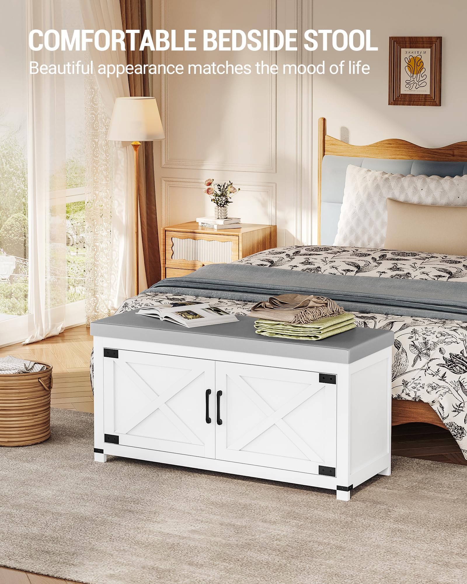 Farmhouse Shoe Storage Bench with Padded Seat - 2 Tier Entryway Shoe Cabinet with Adjustable Shelf & Barn Doors - White Shoe Organizer for Living Room, Bedroom, Hallway - Perfect for Small Spaces & Home Decor (SB26603GY)