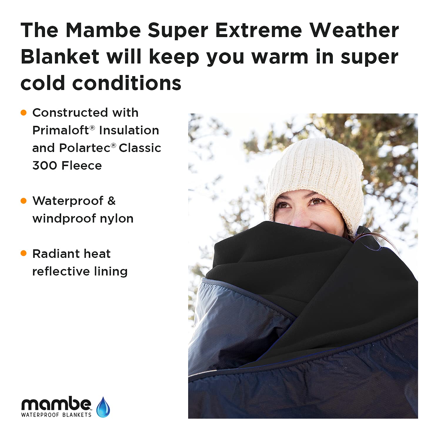 Mambe Super Extreme Weather Outdoor Blanket - 100% Waterproof Windproof Insulated Polartec Blanket for Cold Weather Camping, Winter Sports, Hiking & Emergency Survival Gear - Perfect for Outdoor Adventures and Extreme Conditions