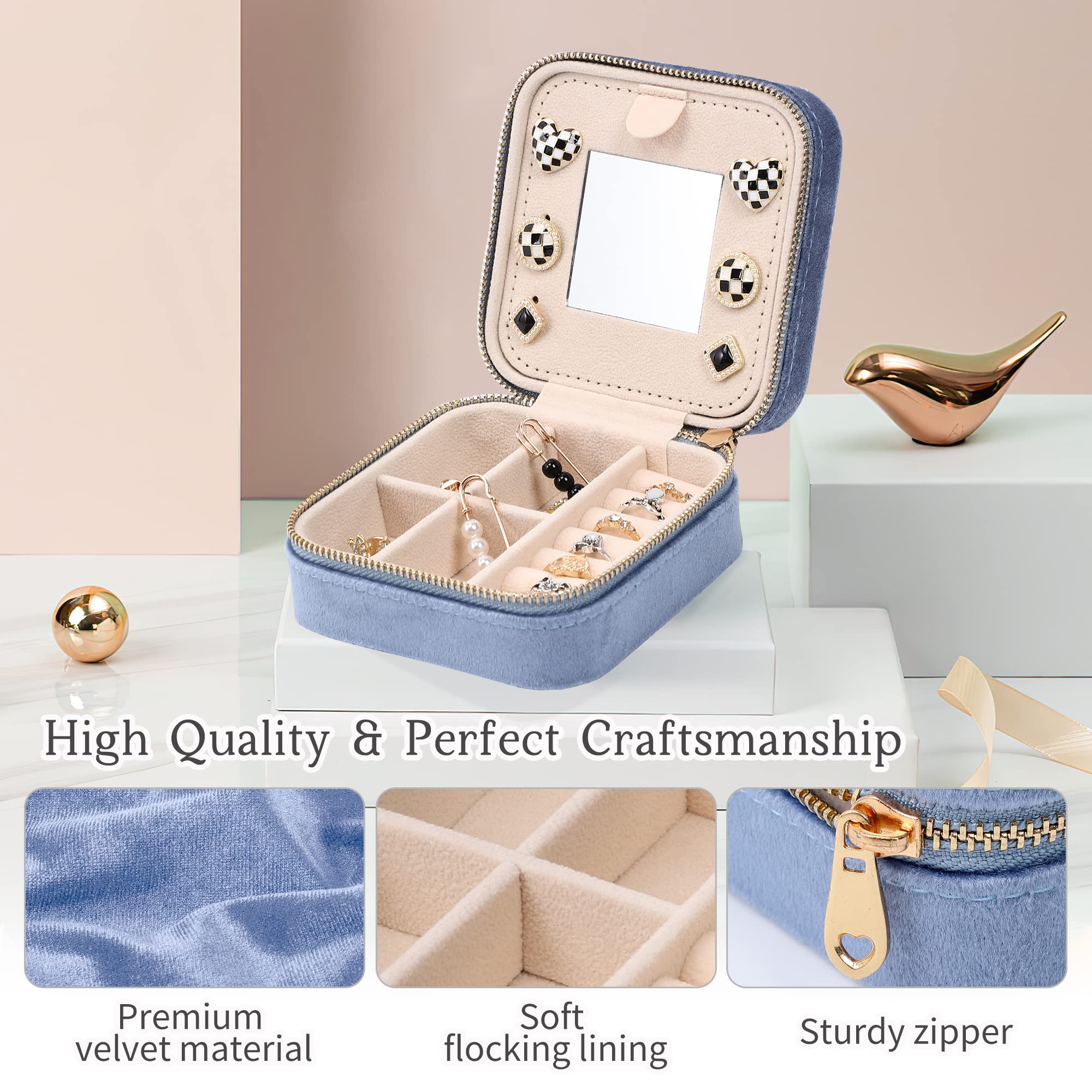 Dajasan Velvet Travel Jewelry Box for Women - 3-Layer Mini Portable Jewelry Organizer with Mirror, Compact Jewelry Case for Necklaces, Rings & Earrings - Perfect for Vacation, Business Trips & Gift Giving (Blue)