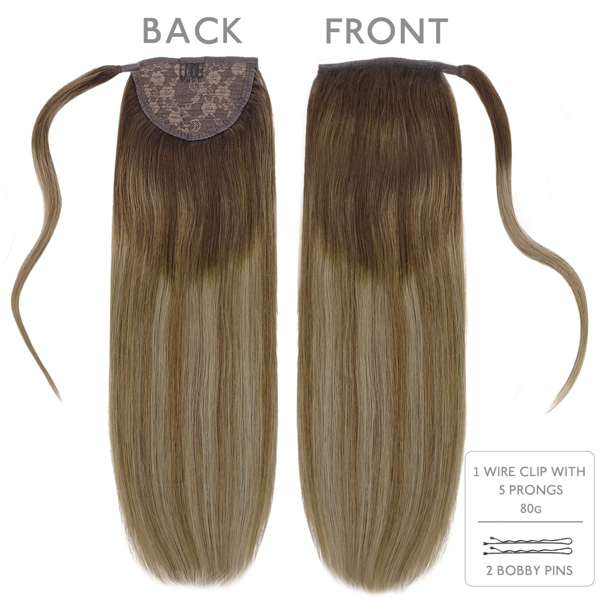 WENNALIFE 22 Inch Clip-in Ponytail Hair Extension - 80g Balayage Chocolate Brown to Blonde Ombre Human Hair - Wrap Around Remy Hairpiece for Women | Perfect for Parties, Weddings & Everyday Styling