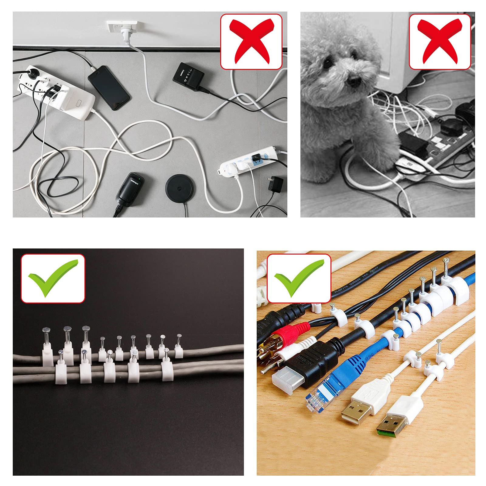 Fippy 600 Pack Round Coaxial Cable Clips 4mm 5mm 6mm 7mm 8mm 10mm 12mm for Nail Cable, RG6, RG59, CAT6, RJ45 & Other Cables - Perfect for Home Theater, CCTV & Network Cable Management