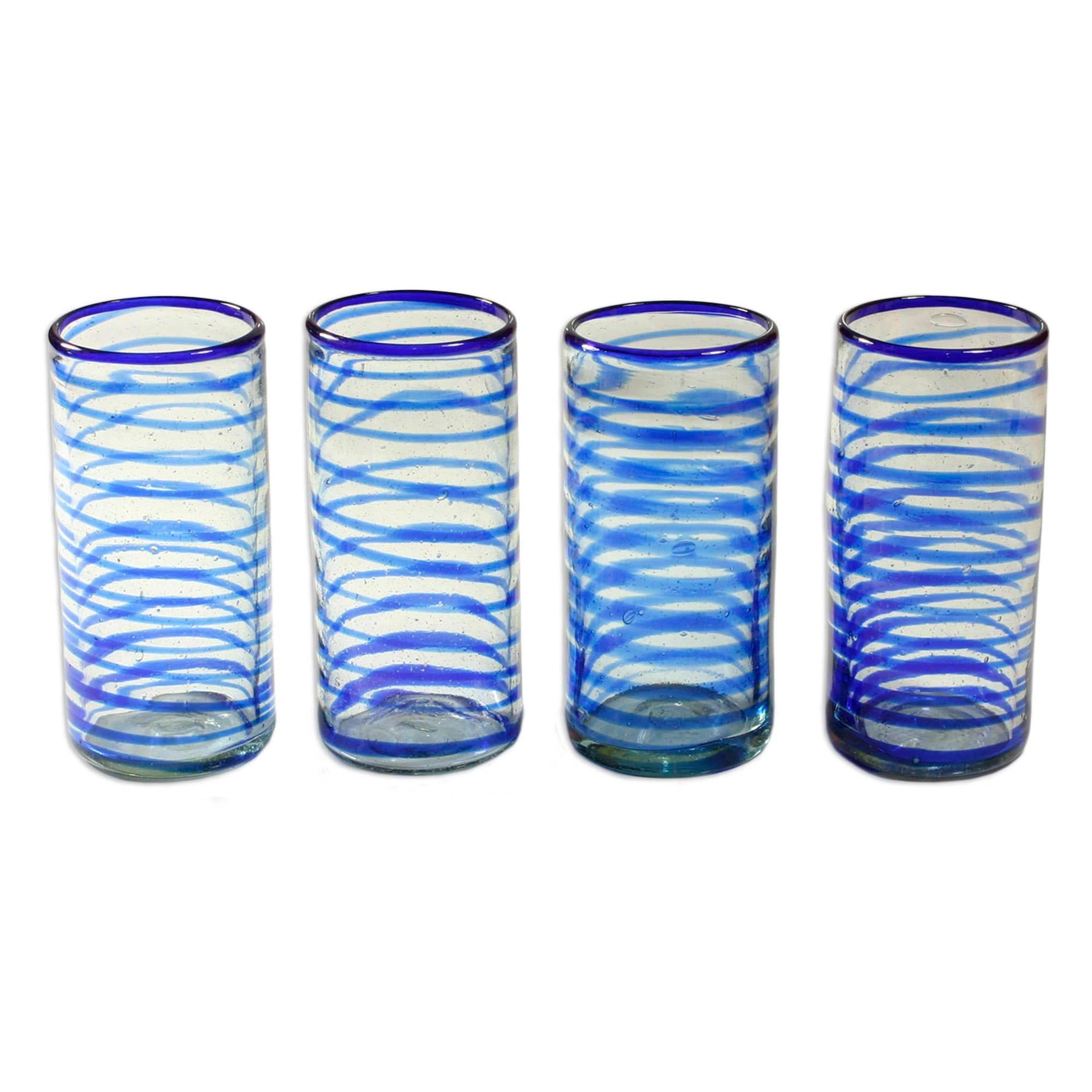 NOVICA Hand Blown Blue Recycled Glass Water Glasses - 9 Oz 'Whirlwind' Set of 4 - Eco-Friendly Drinking Cups for Home, Restaurant & Party Use
