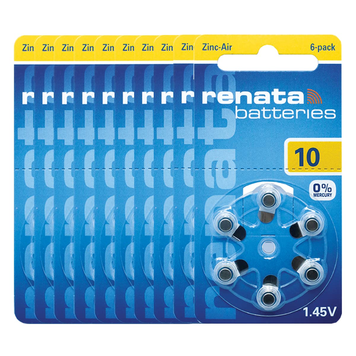 Renata Size 10 Zinc Air 1.45V Hearing Aid Batteries (60 Pack) - Swiss Designed for Premium Performance | Perfect for Hearing Aids, Cochlear Implants & Assistive Listening Devices