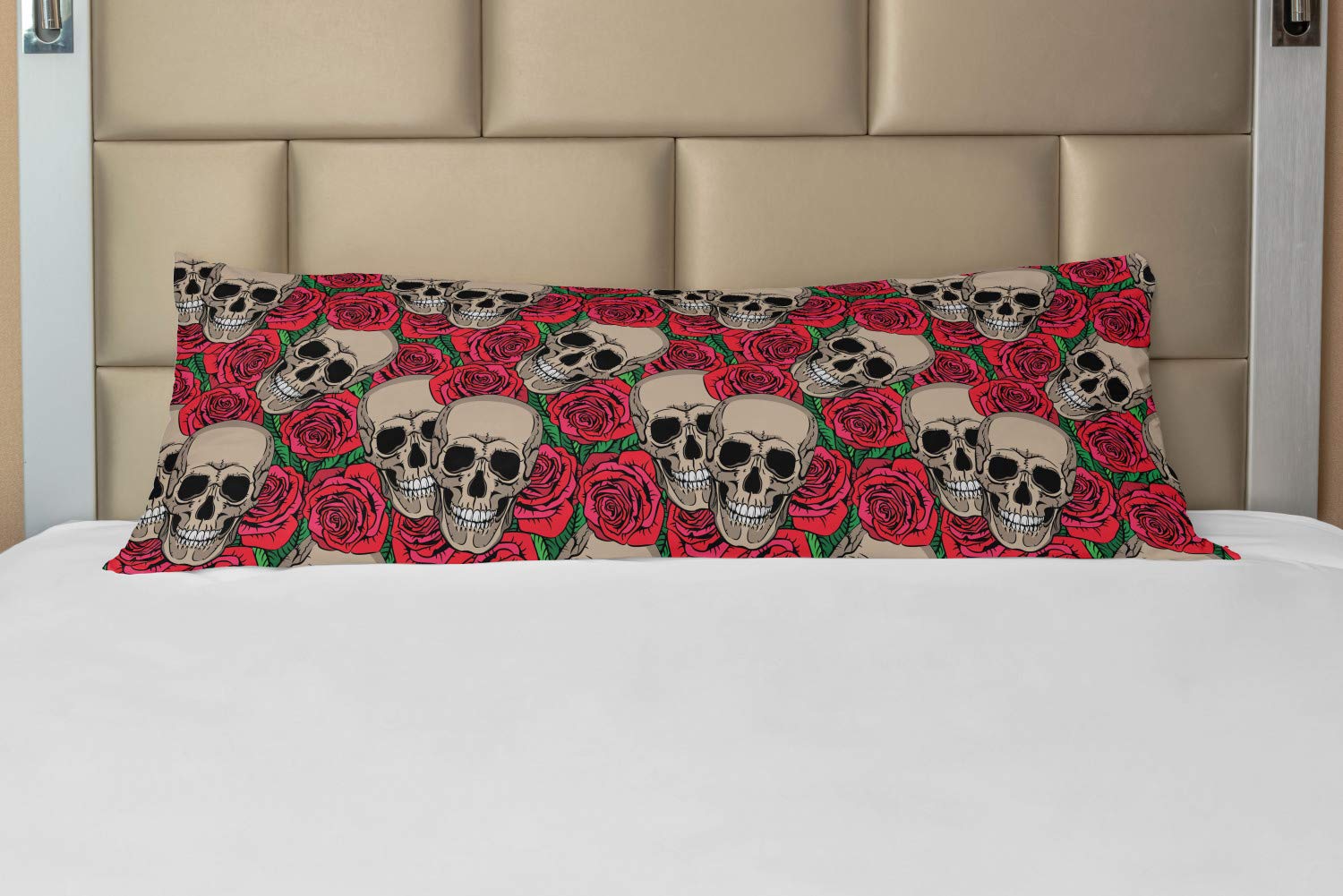 Ambesonne Gothic Rose Body Pillow Case - Skull & Red Rose Design, Halloween Decor, Zipper Closure, 21x54 Inches, Vermilion Tan Green - Perfect for Gothic Bedroom, Halloween Party & Retro Home Decor