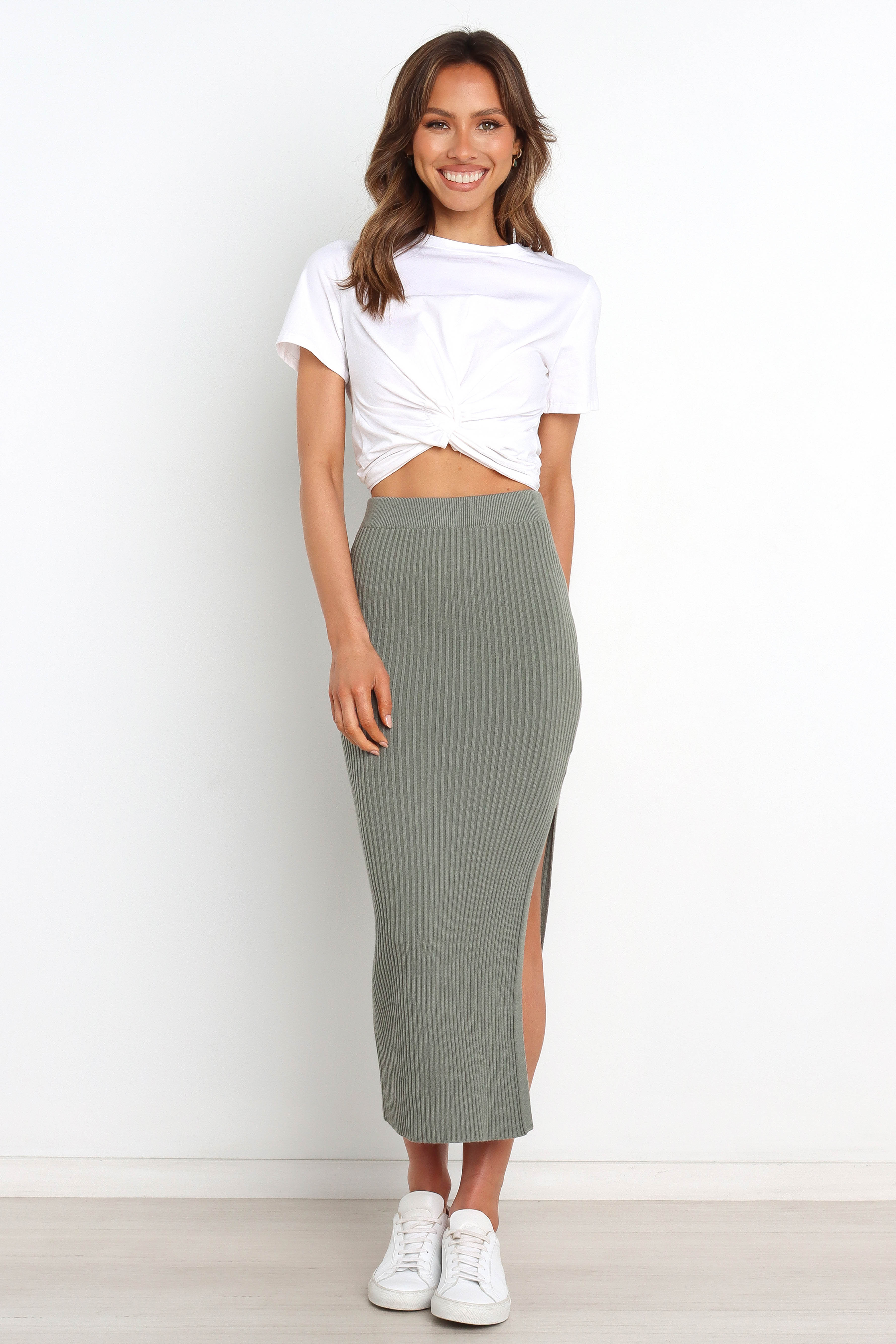 Bowen Skirt in Olive Green - Women's A-Line Midi Skirt for Casual Wear, Office & Date Night Outfits
