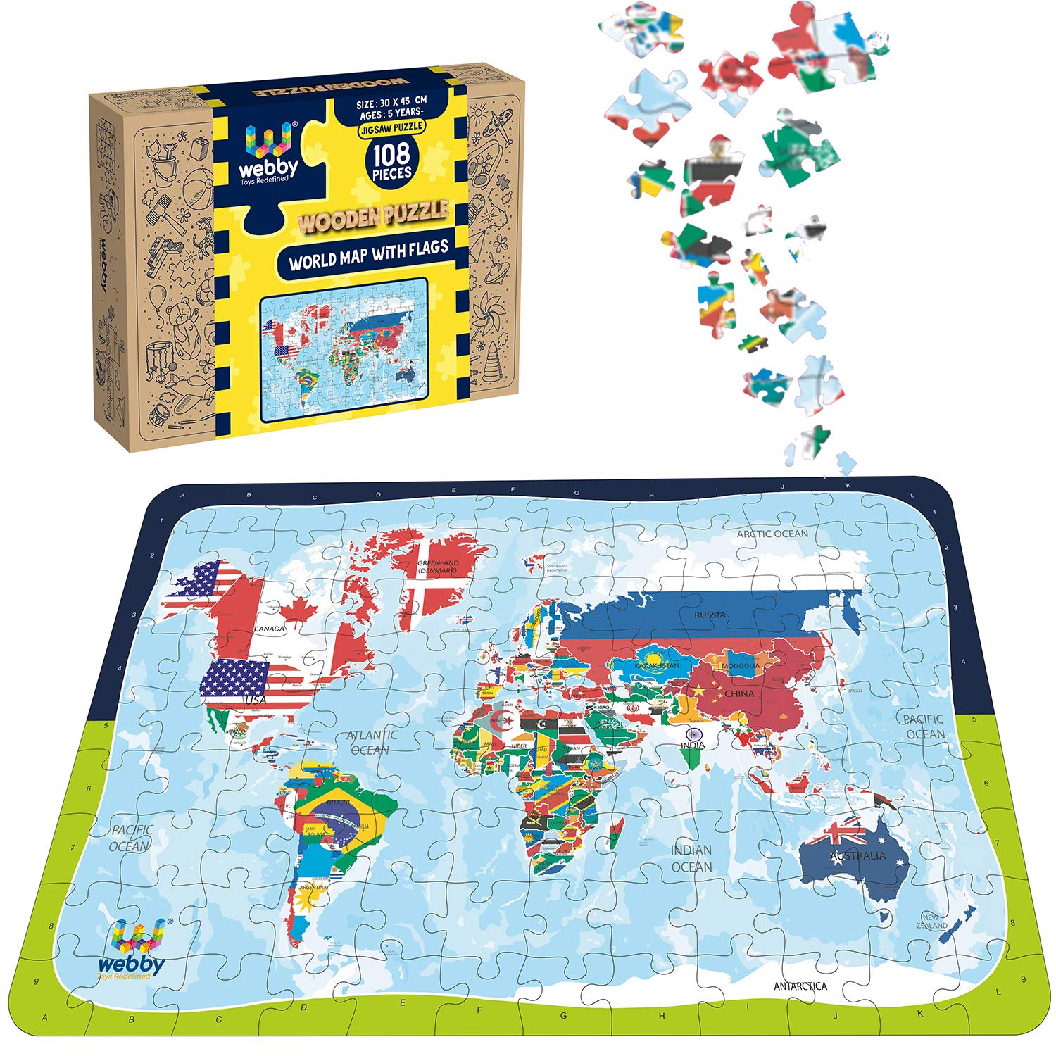 Webby Kids World Map with Flags - 108 Piece Wooden Jigsaw Puzzle for Children | Educational Geography Toy for Classroom & Home Learning