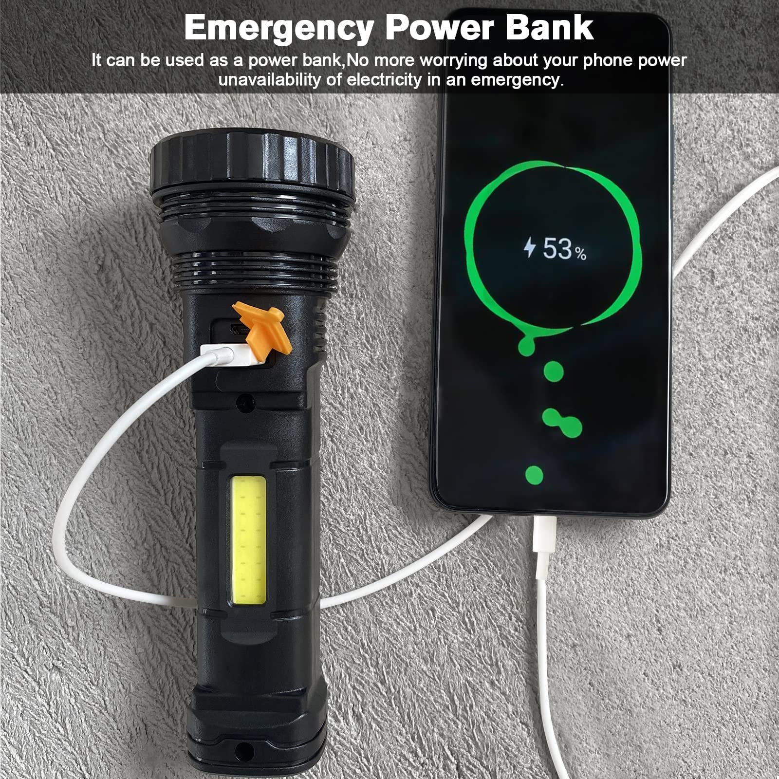 **1000 Lumens Solar/Rechargeable LED Flashlight with Emergency Strobe Light, 1200mAh Battery & USB Charging Cable – Fast Charging, Portable Power Supply for Camping, Hiking & Emergency Preparedness**
