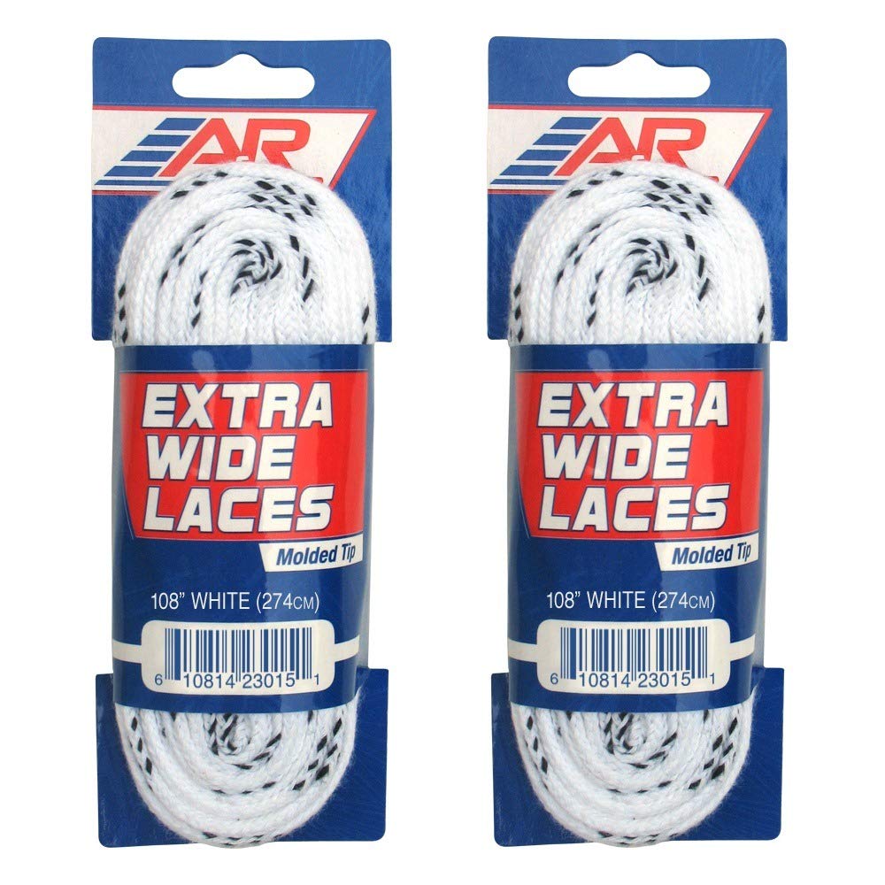 A&R Sports 2-Pair Pack Extra Wide (1/2 Inch) Waxless Molded-Tip Hockey Skate Laces - White 108 Inches - Perfect for Ice Hockey Players & Figure Skaters