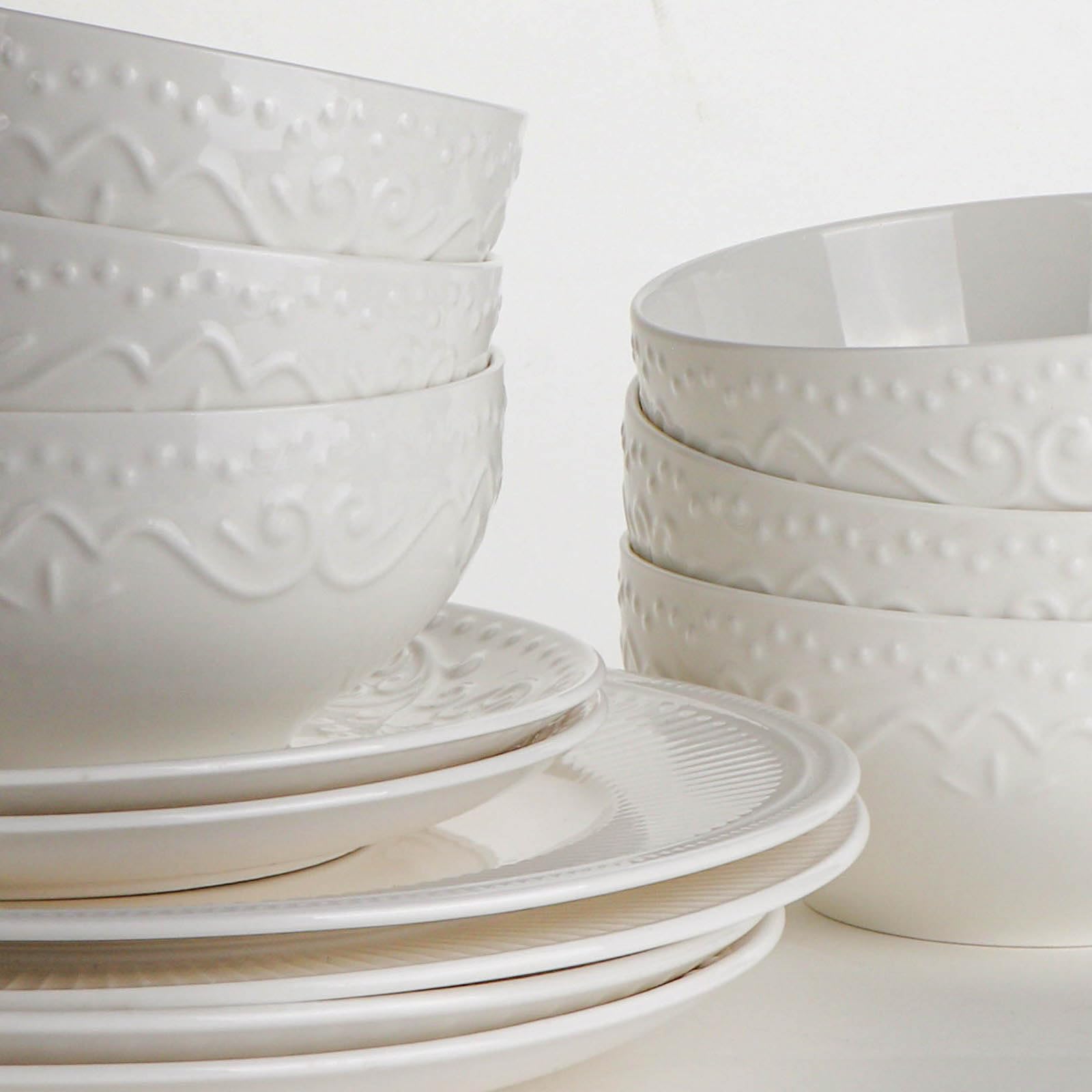 Artena 26oz Ceramic Bowls Set of 6 - 6 Inch White Embossed Soup & Cereal Bowls for Rice, Pasta, Salad | Microwave & Dishwasher Safe Floral Design | Perfect for Breakfast, Lunch, Dinner & Family Gatherings