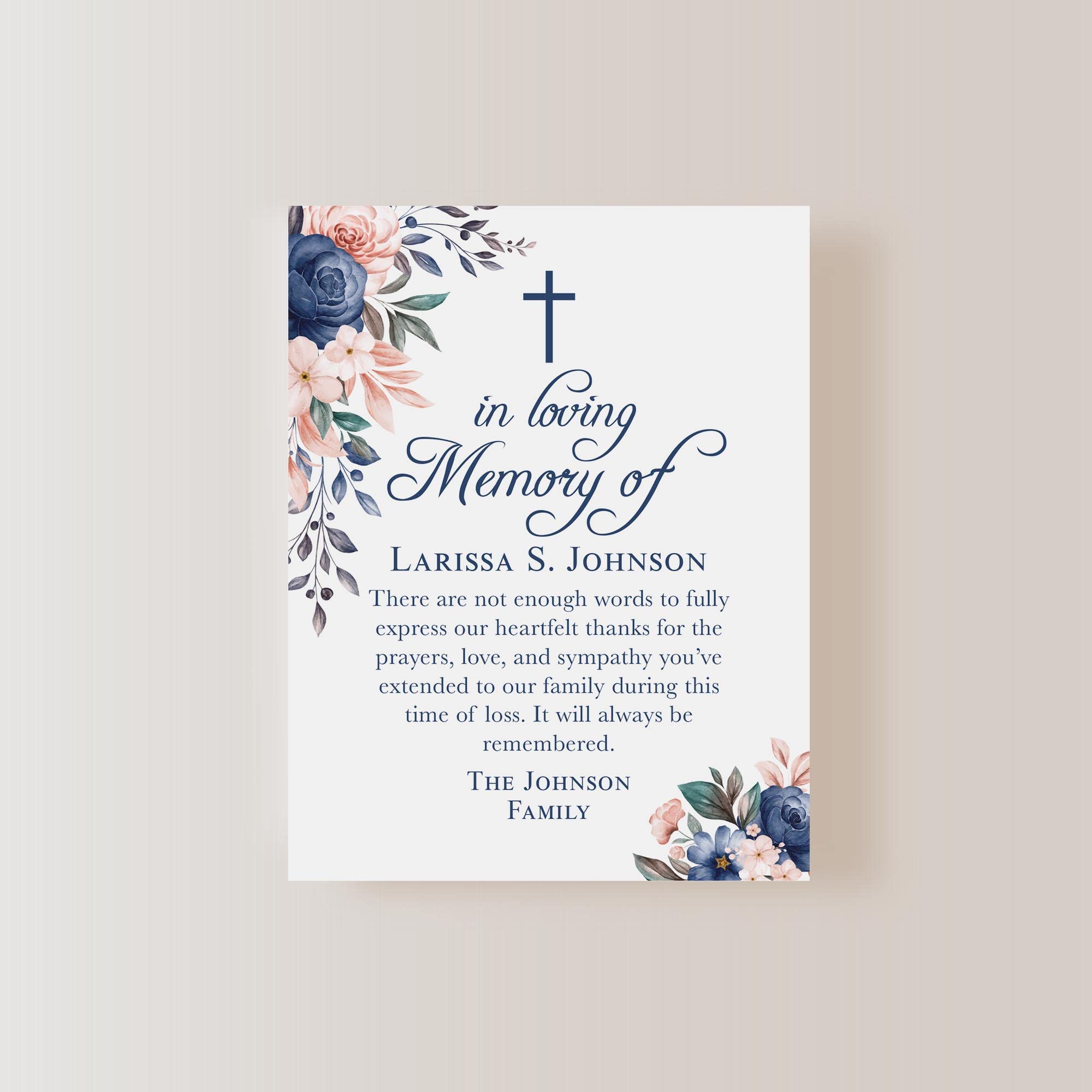 Navy Blue Floral In Loving Memory Funeral Thank You Cards with Cross - Personalized Sympathy Acknowledgement Cards (4.25x5.5 Inches) with Envelopes - Perfect for Memorial Services, Condolence Notes & Bereavement Gifts