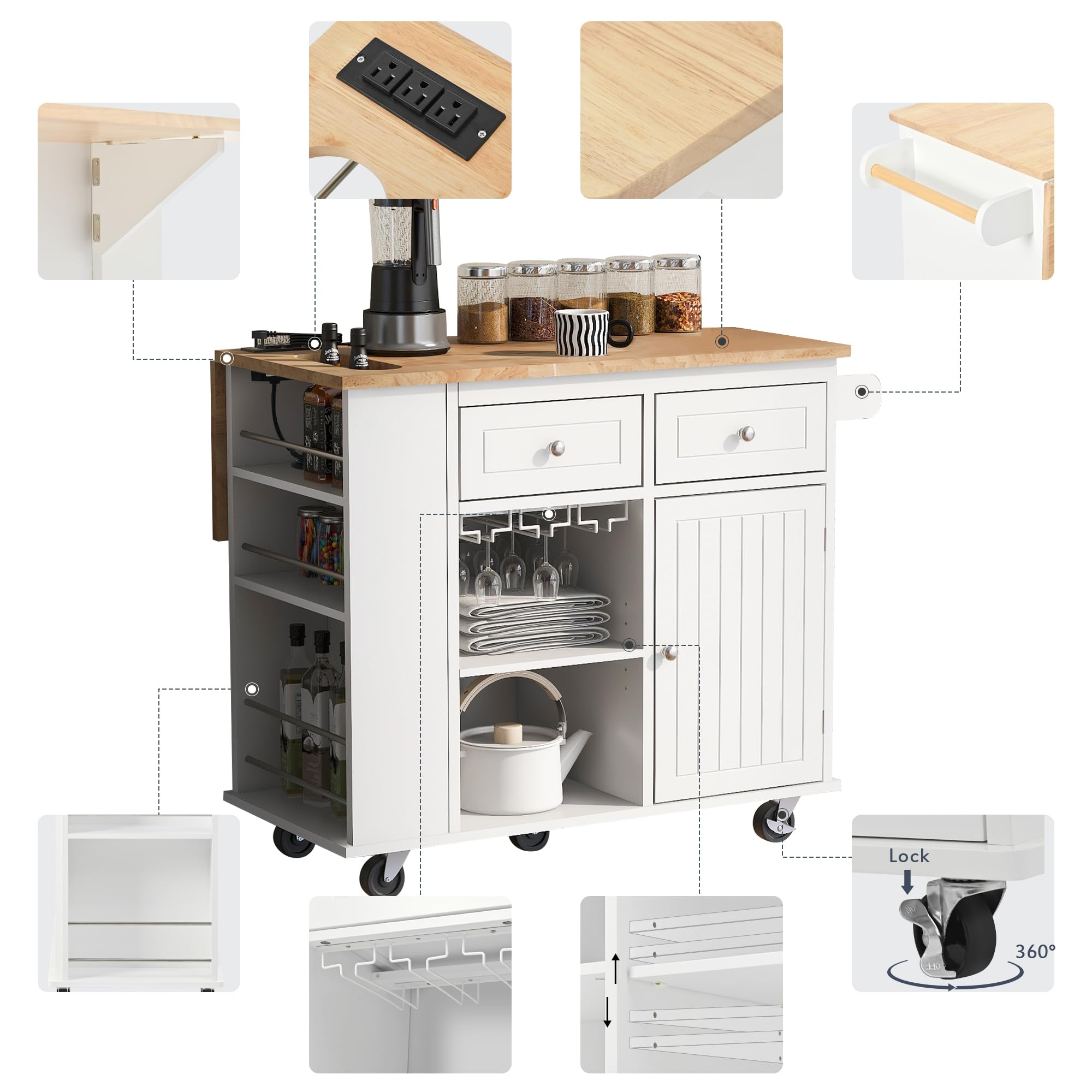 Premium Kitchen Island Cart with Power Outlet & Wine Rack - 39.8
