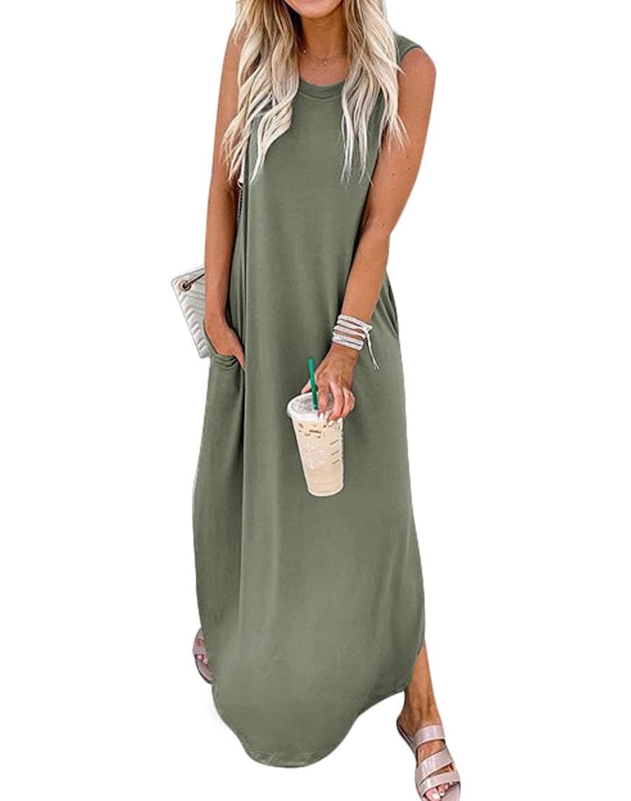 Women's Loose Fit Sundress - Crewneck Casual Sleeveless Maxi Dress with Side Slit & Pockets | Summer Beach Wear, Vacation Outfit, Boho Chic Dress for Outdoor Parties & Date Nights
