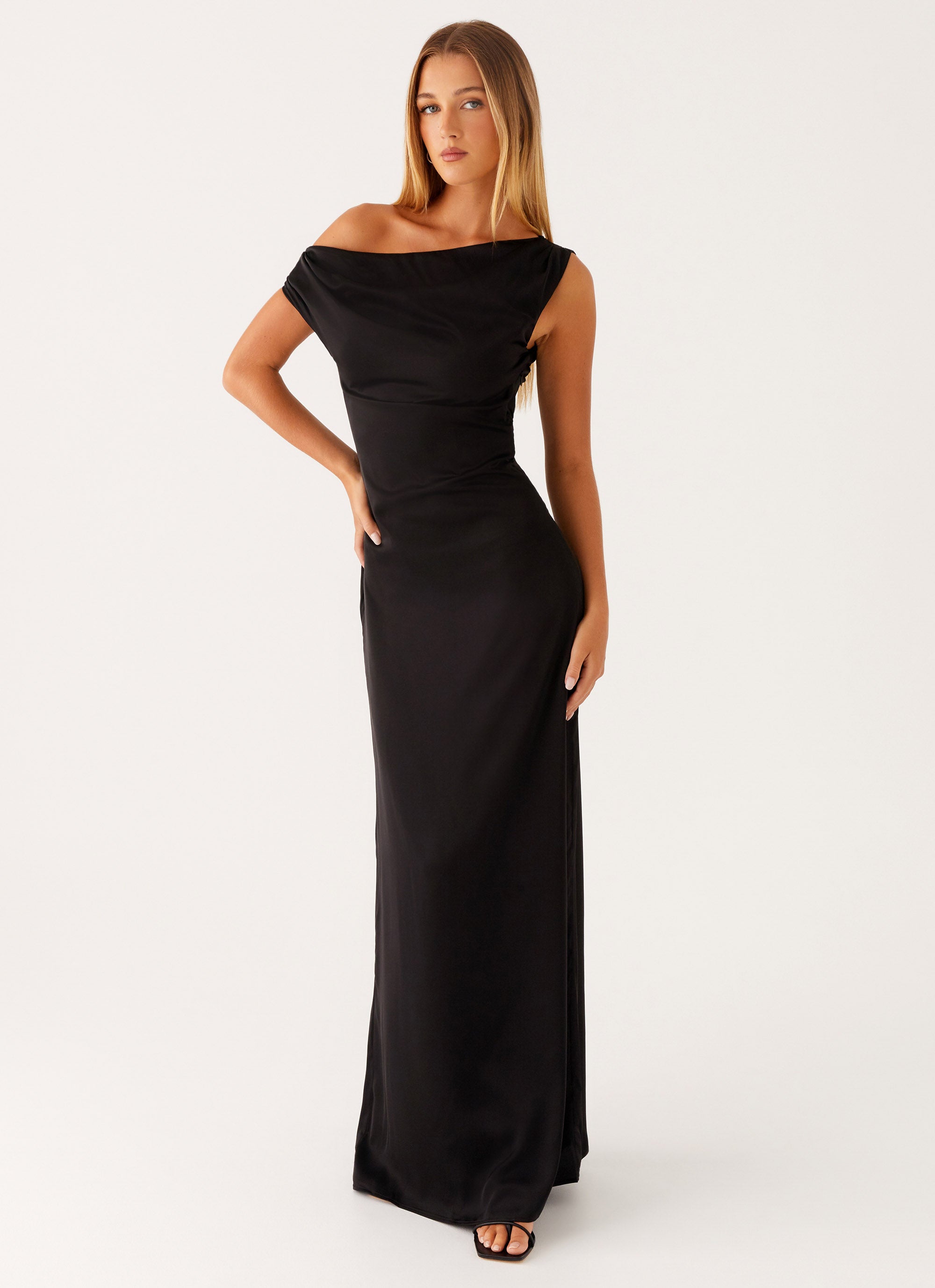 Heart of Glass Satin Maxi Dress - Elegant Black Evening Gown for Women | Perfect for Weddings, Parties & Special Occasions