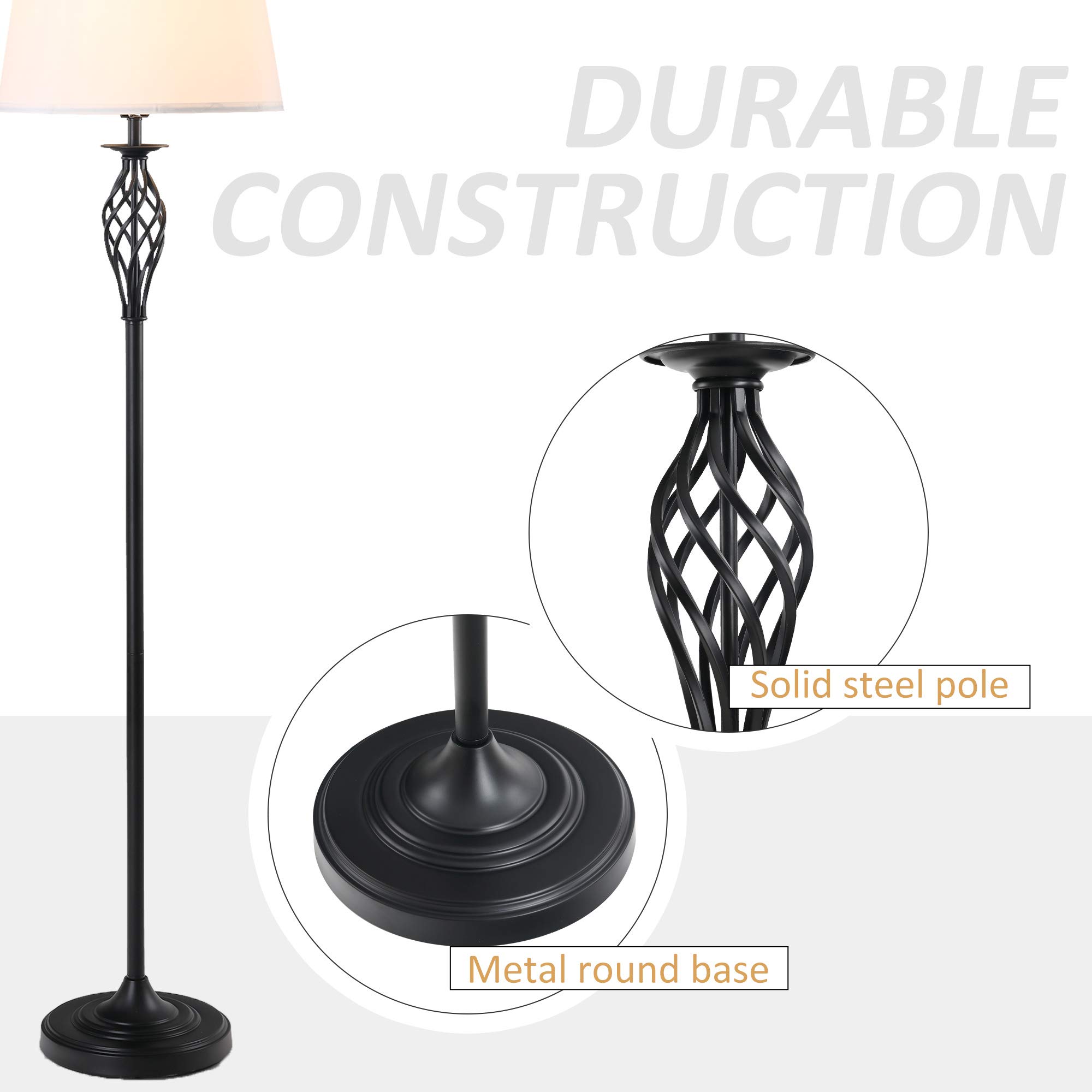 HOMCOM 3-Piece Modern Table & Floor Lamp Set - Metal Pole, Round Base, Fabric Lampshade - Black/White Lighting for Living Room, Bedroom & Office Decor