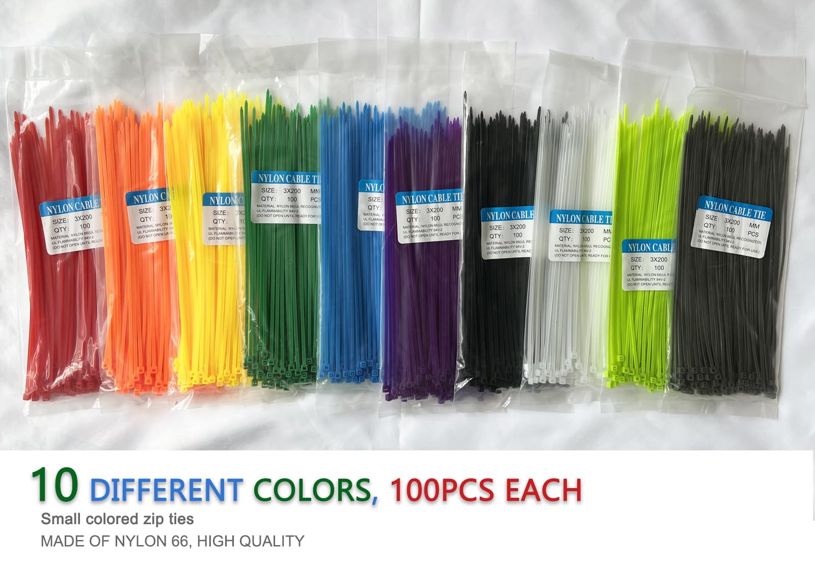 8 Inch 1000pcs Colored Zip Ties - Heavy Duty 20lb Strength Reusable Cable Ties for Organizing Wires, Bundling Cables, Home & Office Use