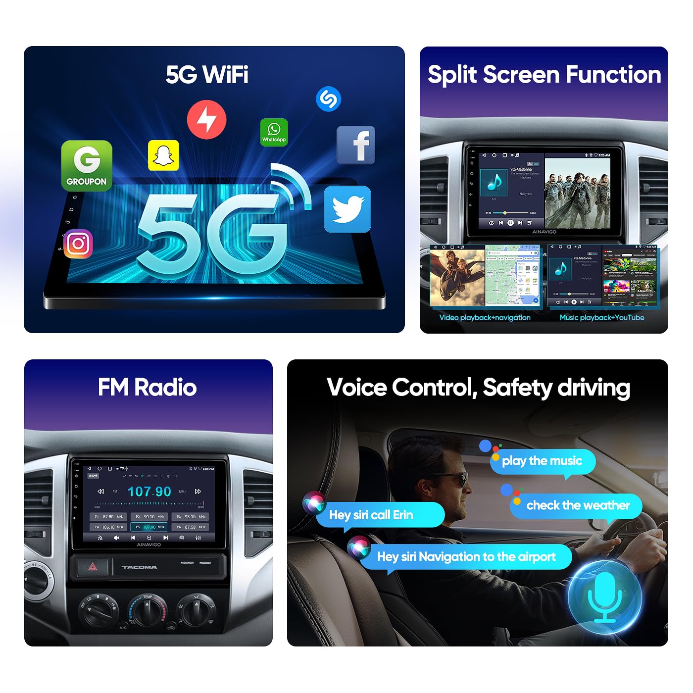 9 Inch Android 12 Car Stereo for Toyota Tacoma 2005-2015 - 5G WiFi, Wireless CarPlay & Android Auto, Touch Screen GPS Navigation, Bluetooth, FM/RDS Radio, HD Backup Camera - Perfect for Road Trips & Daily Commutes
