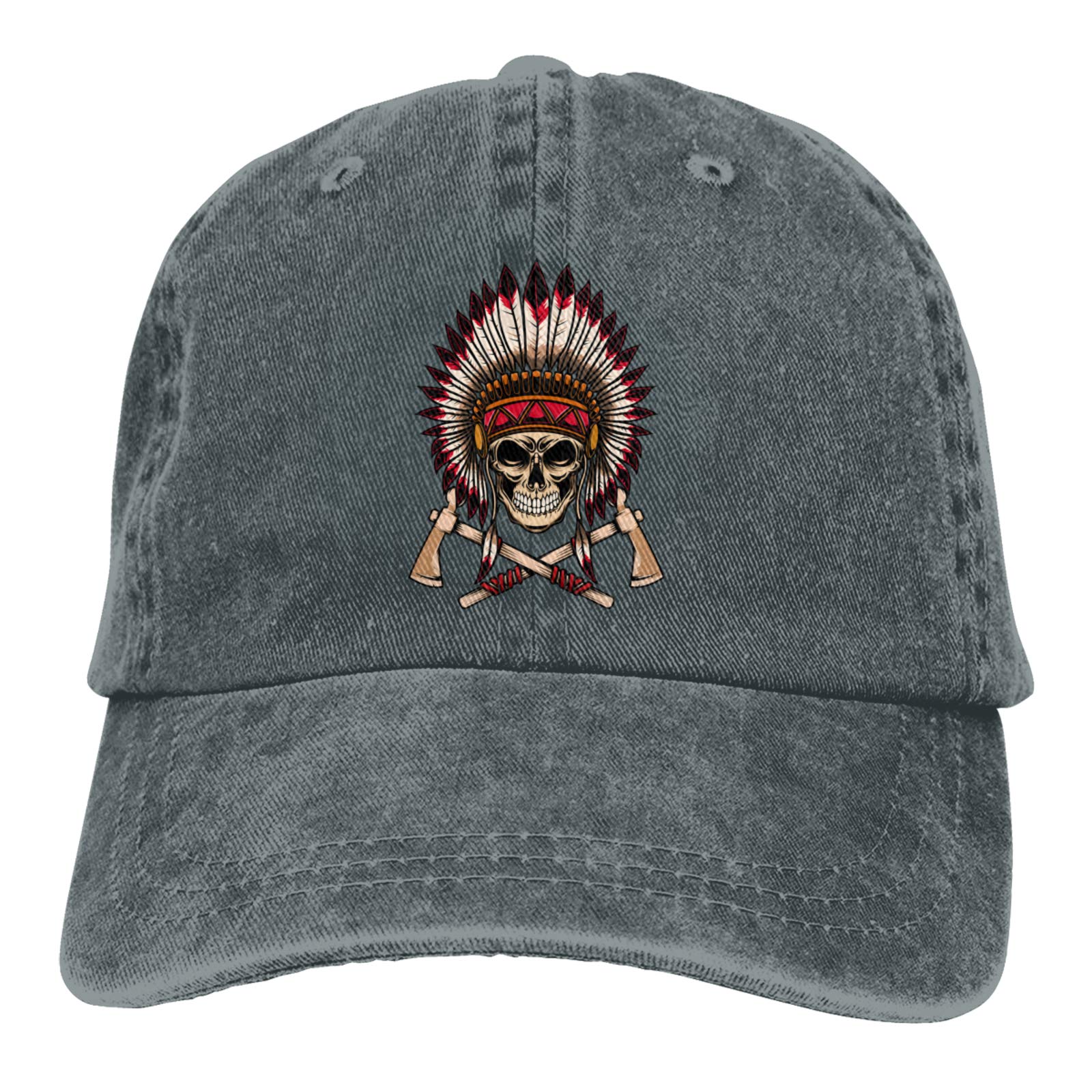 Indian Chief Skull Crossed Tomahawks Baseball Cap - Vintage Denim Hat for Men | Perfect for Motorcycle Riders, Bikers & Western Style Fashion