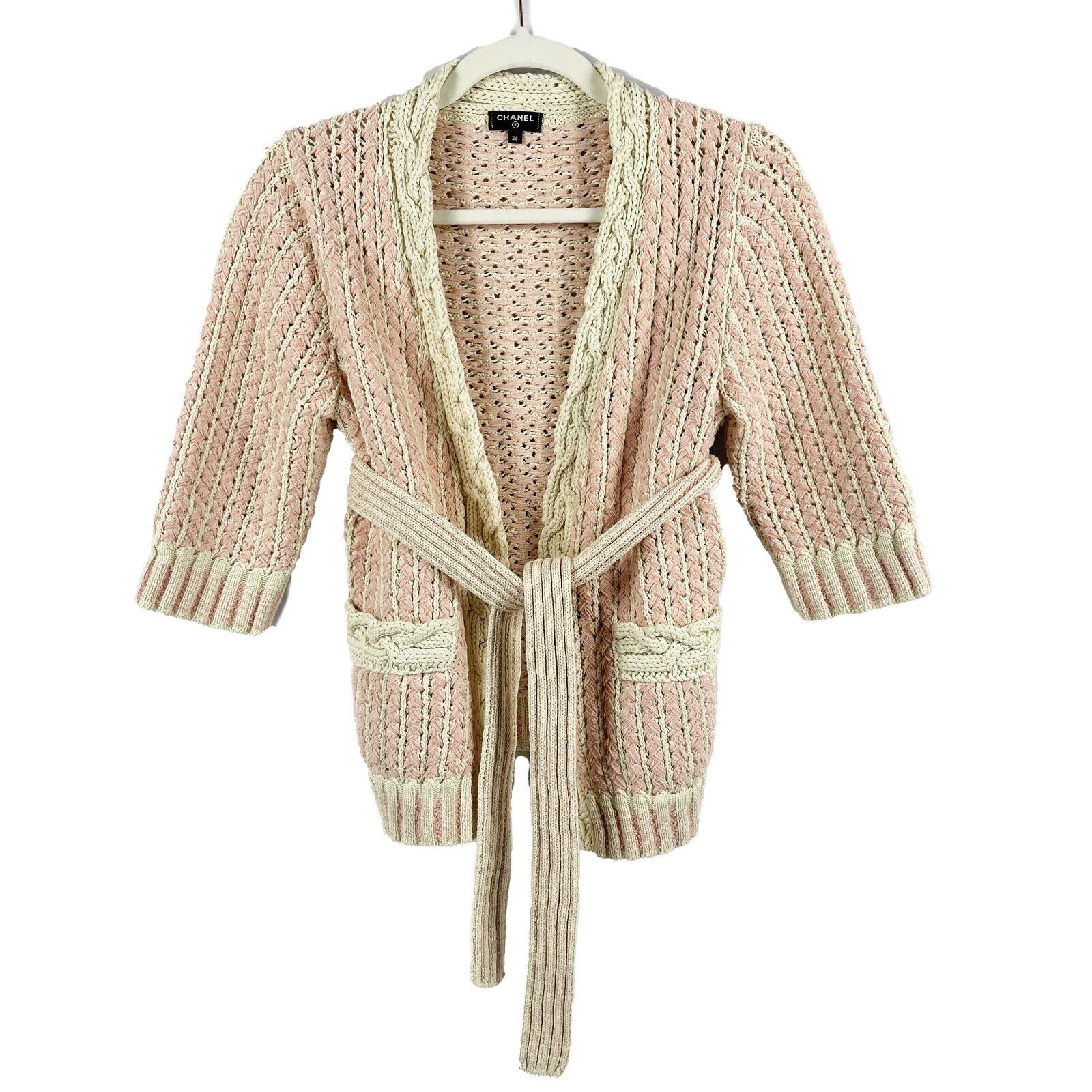 CHANEL 18P Cotton Blend Woven Knit Sweater in Pastel Pink & Ecru - Size 36 US 4 | Women's Luxury Cashmere Cardigan for Fall & Winter Fashion